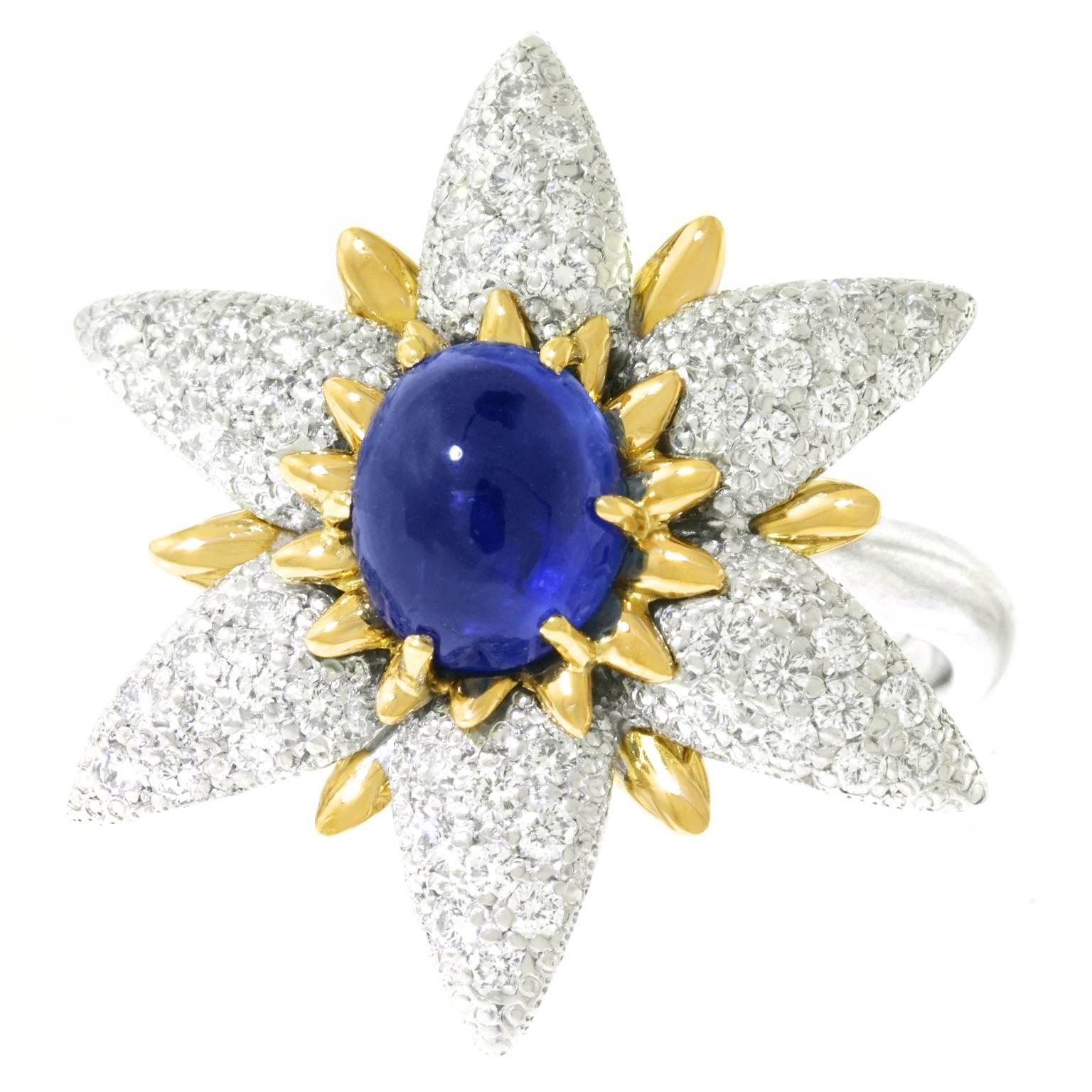 Sapphire and Diamond Flower Gold and Platinum Ring In Excellent Condition In Litchfield, CT