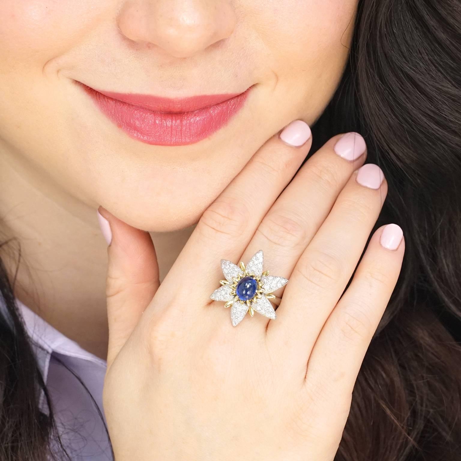 Women's Sapphire and Diamond Flower Gold and Platinum Ring