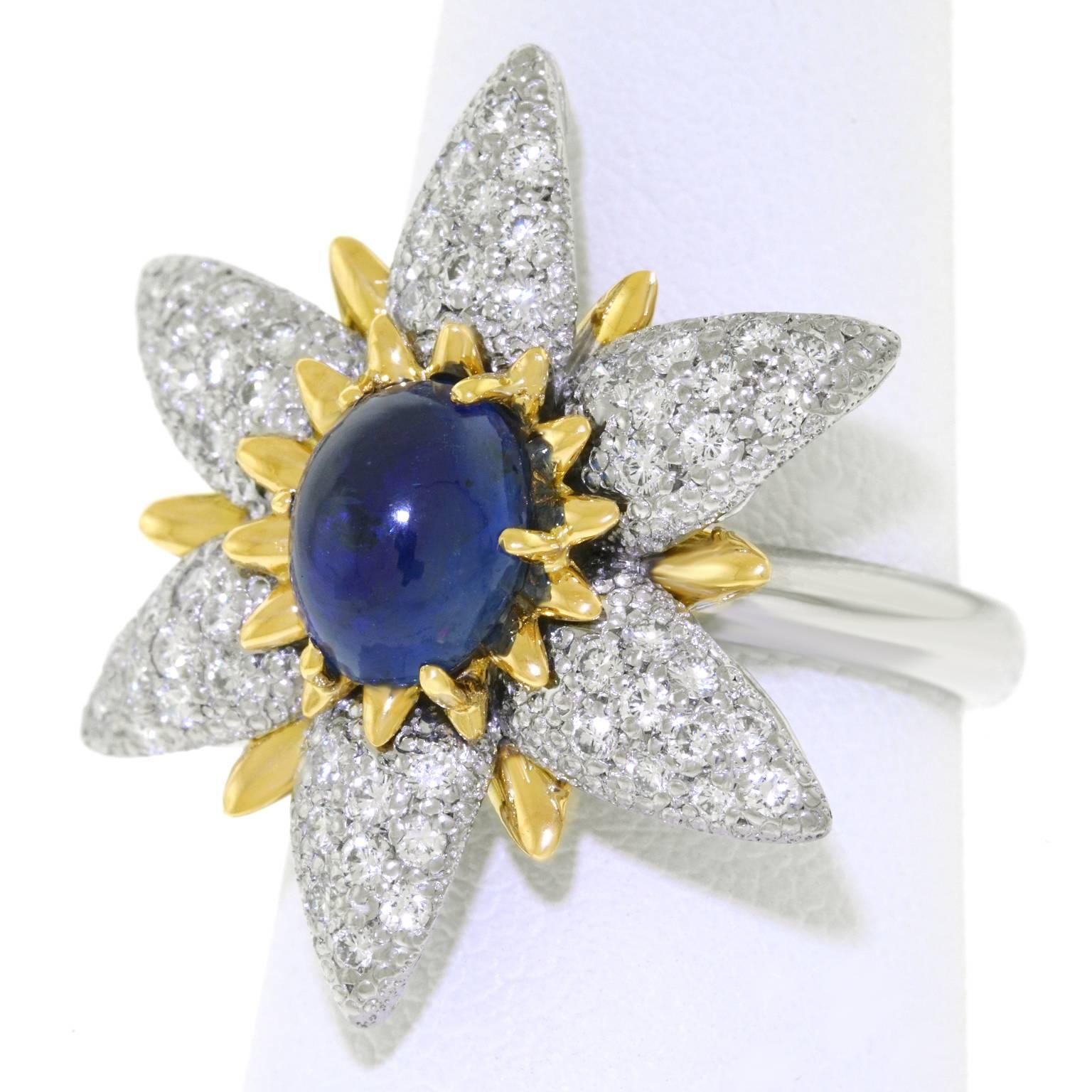 Sapphire and Diamond Flower Gold and Platinum Ring 5