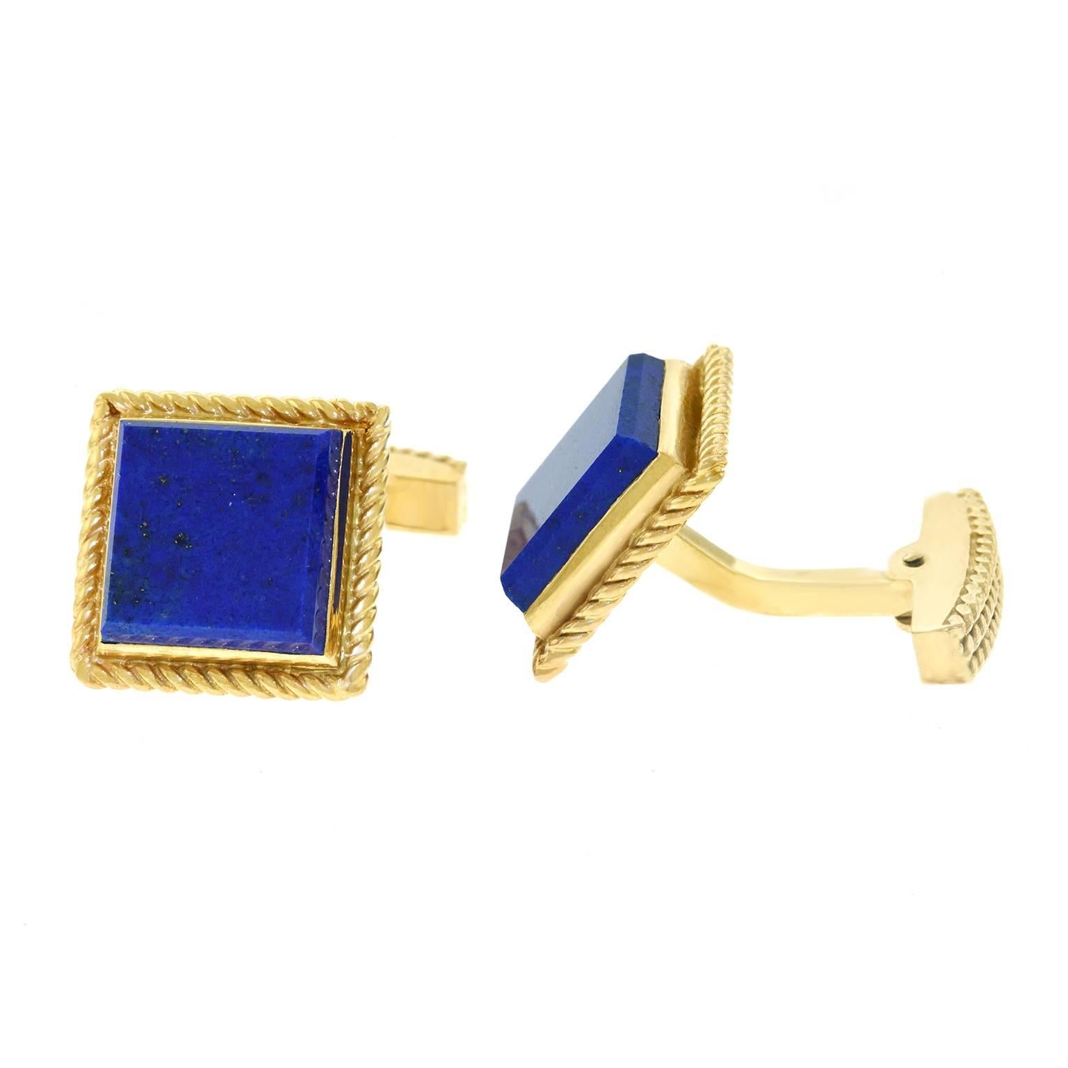 Tiffany and Co. Lapis Set Gold Cufflinks In Excellent Condition In Litchfield, CT