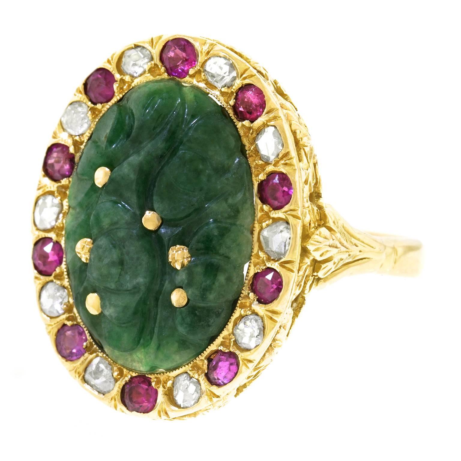 Antique Carved Jade, Diamond and Ruby Ring In Excellent Condition In Litchfield, CT