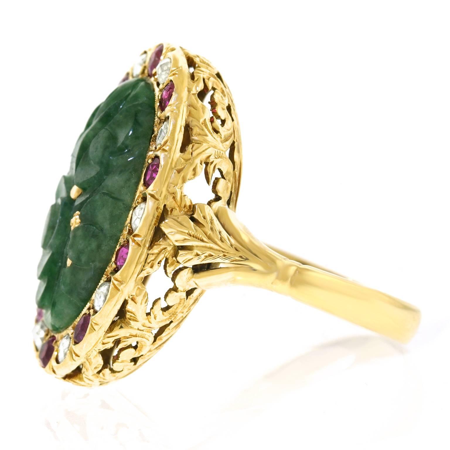 Antique Carved Jade, Diamond and Ruby Ring 3
