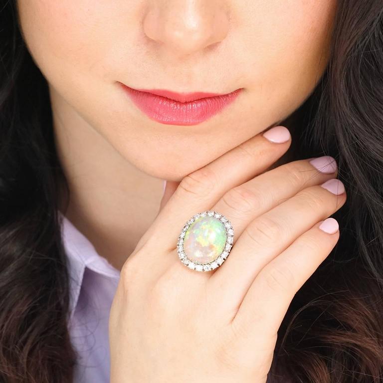 10 Carat Opal and Diamond Set Platinum Ring