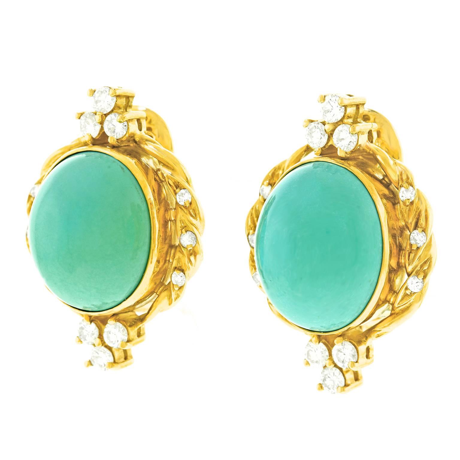 Carl F. Bucherer Persian Turquoise Diamond Gold Earrings In Excellent Condition In Litchfield, CT