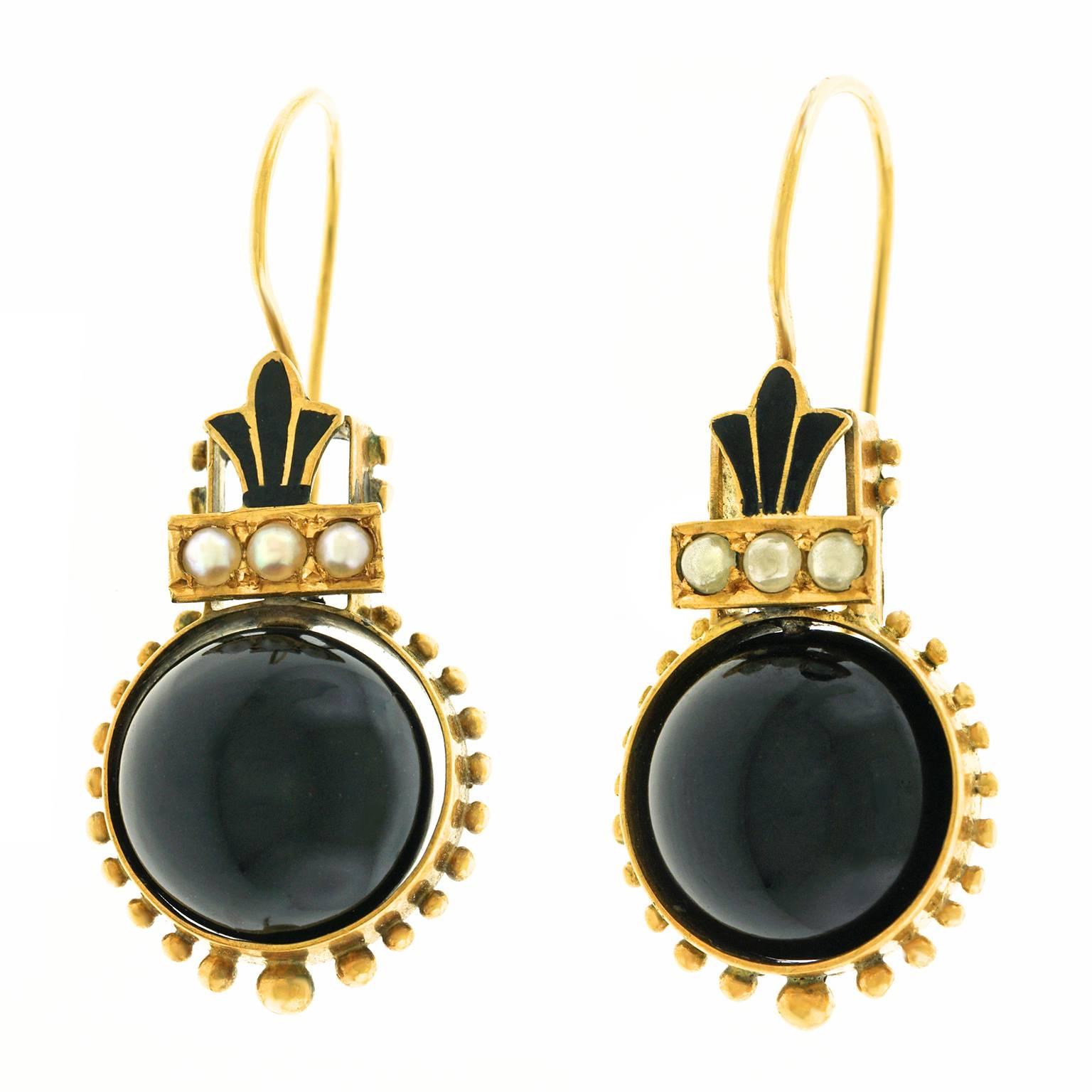 Victorian Onyx, Enamel and Pearl Gold Earrings In Excellent Condition In Litchfield, CT