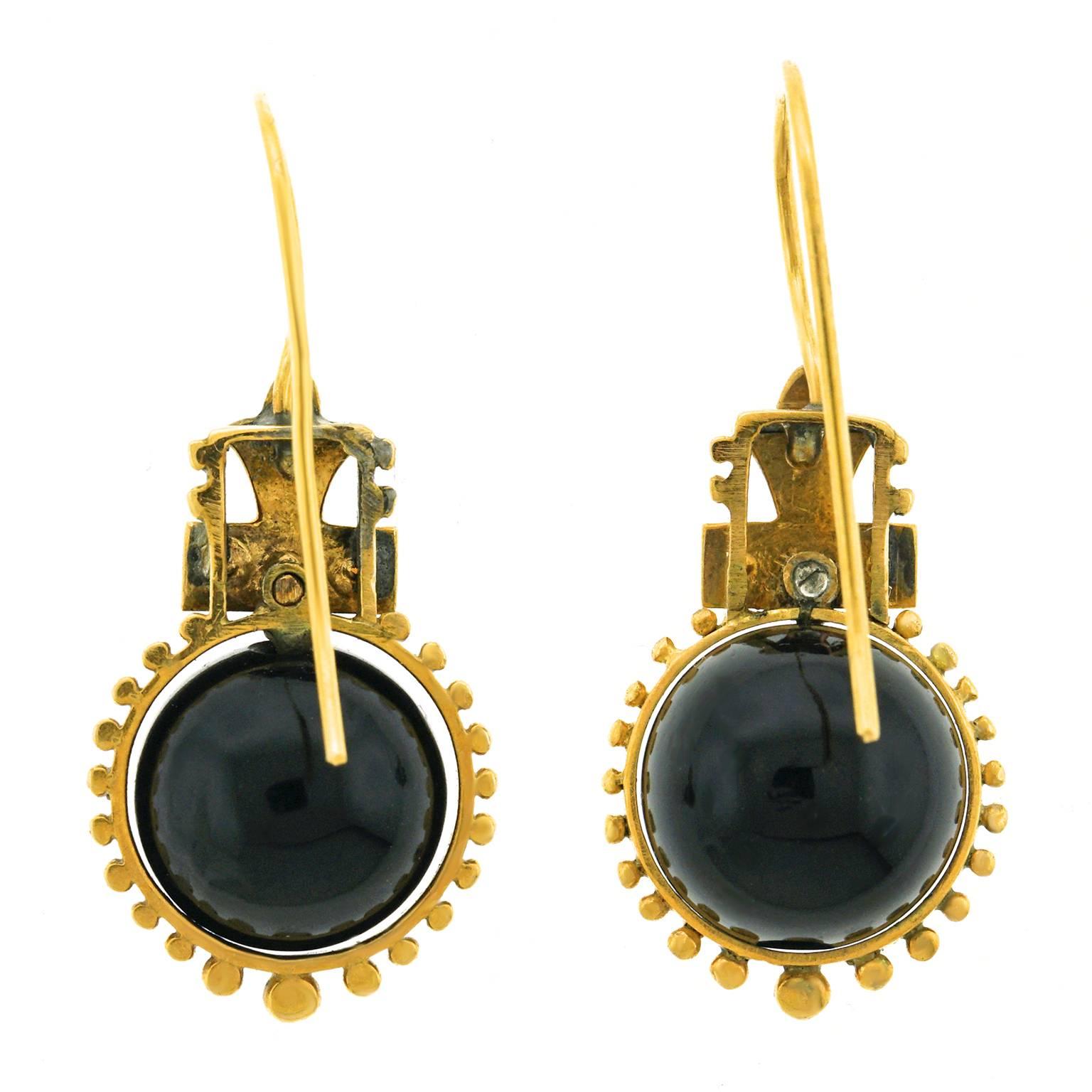 Victorian Onyx, Enamel and Pearl Gold Earrings 1