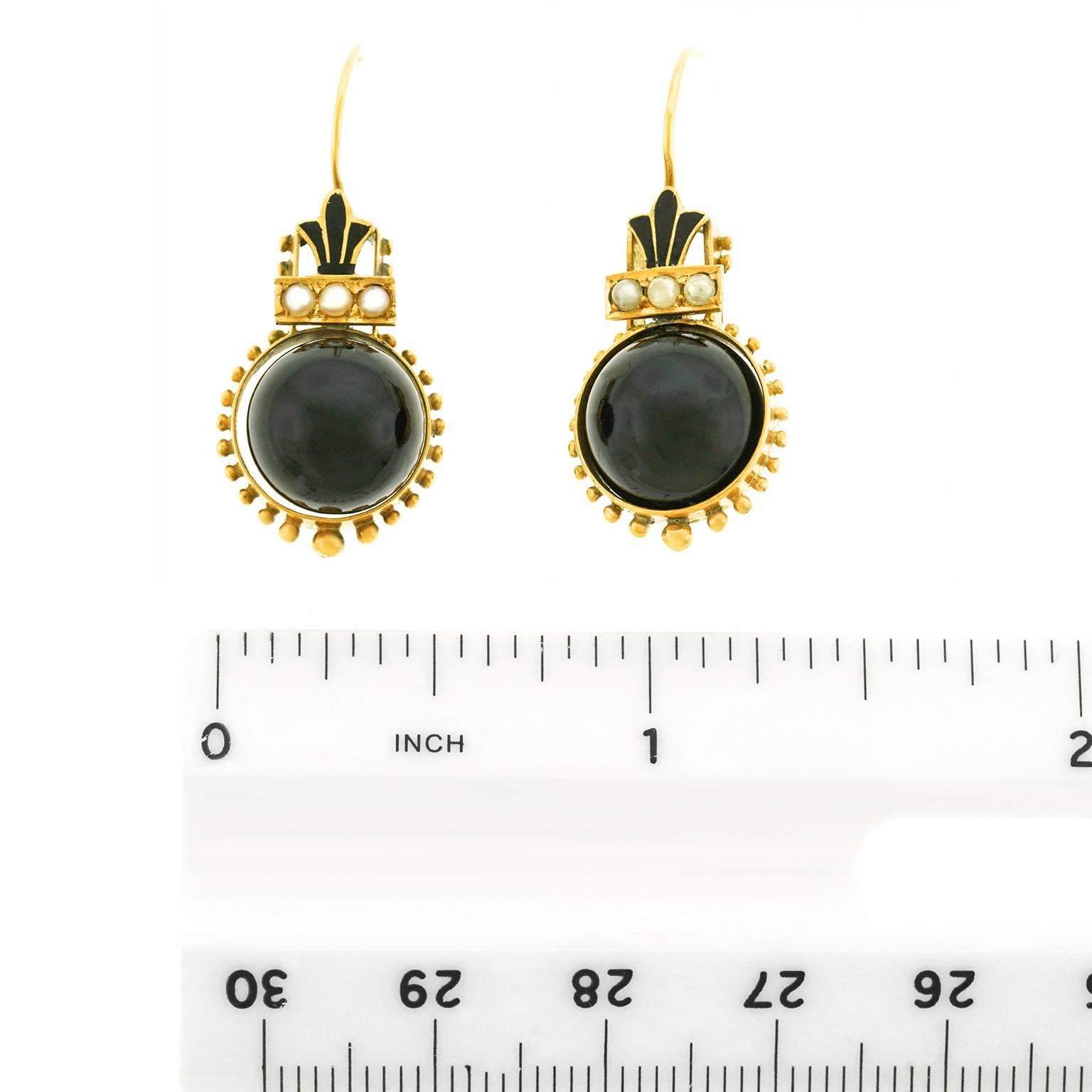 Victorian Onyx, Enamel and Pearl Gold Earrings 2