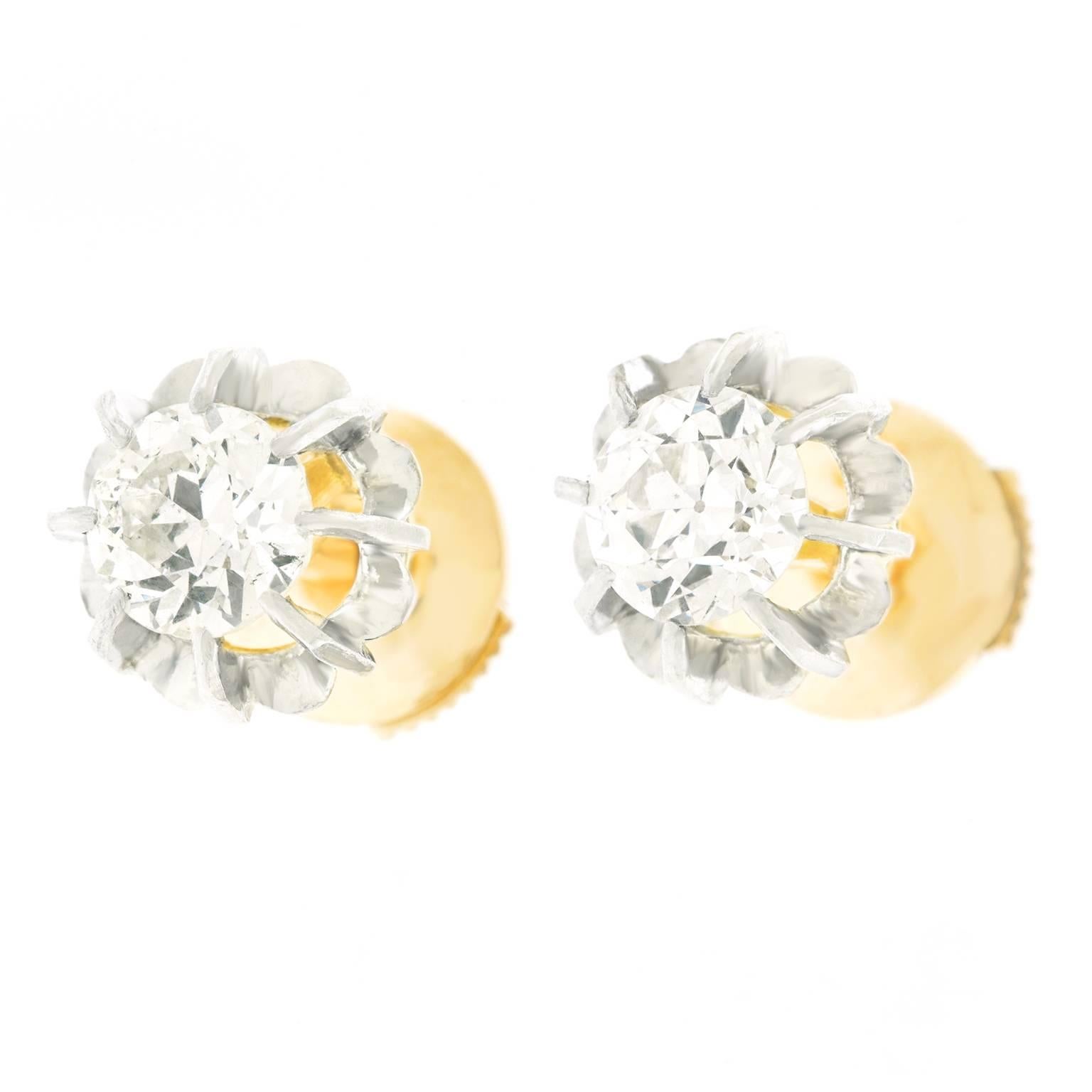 Antique Diamond Yellow Gold Platinum Stud Earrings In Excellent Condition In Litchfield, CT