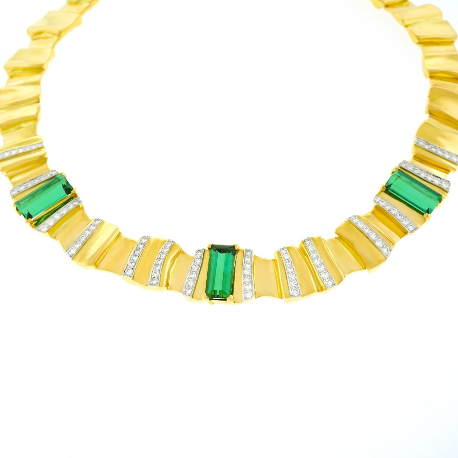 1950s Tourmaline Diamond Gold Necklace In Excellent Condition In Litchfield, CT