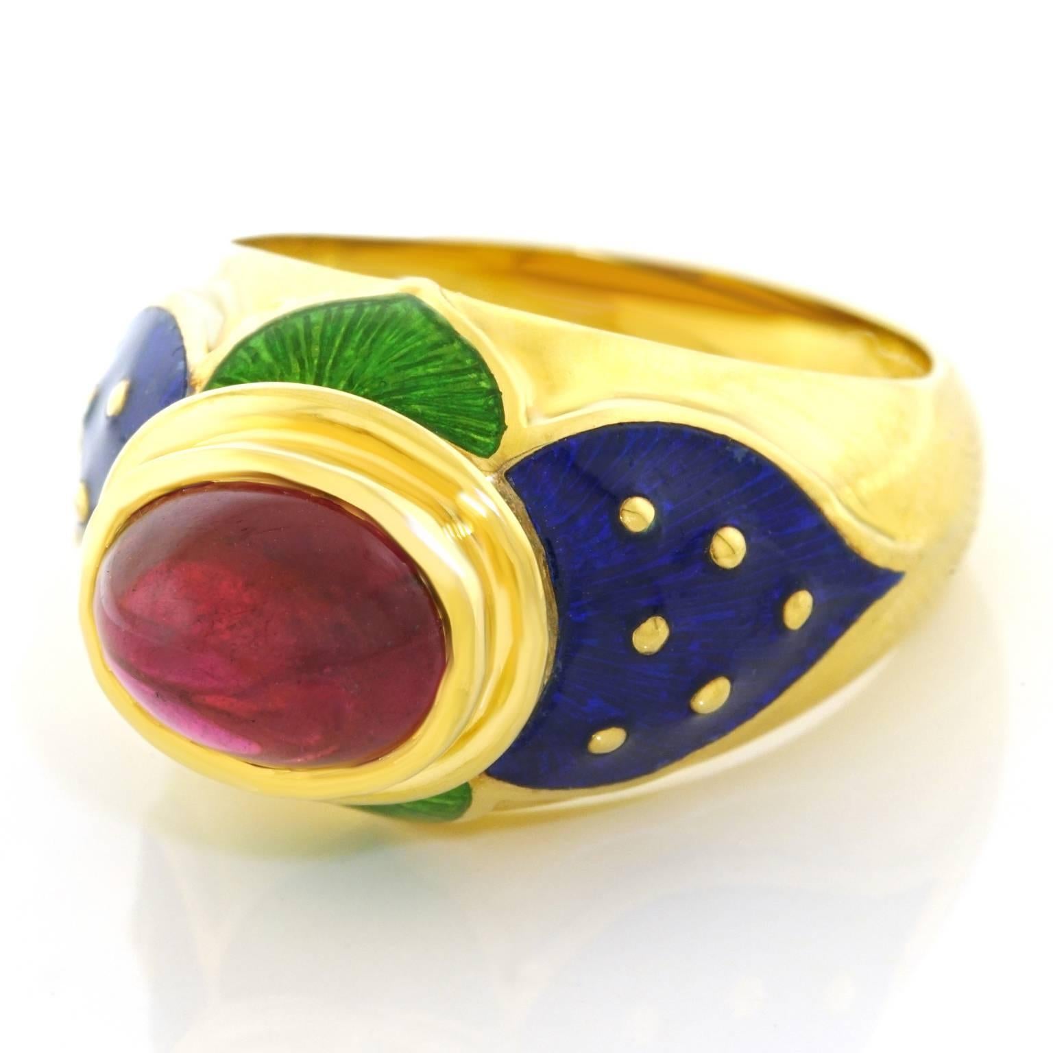 Cellini Pink Tourmaline Enamel Gold Ring In Excellent Condition In Litchfield, CT