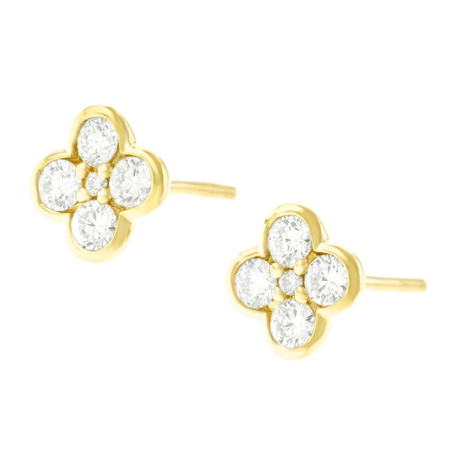 Diamond-Set Yellow Gold Clover Earrings In Excellent Condition In Litchfield, CT
