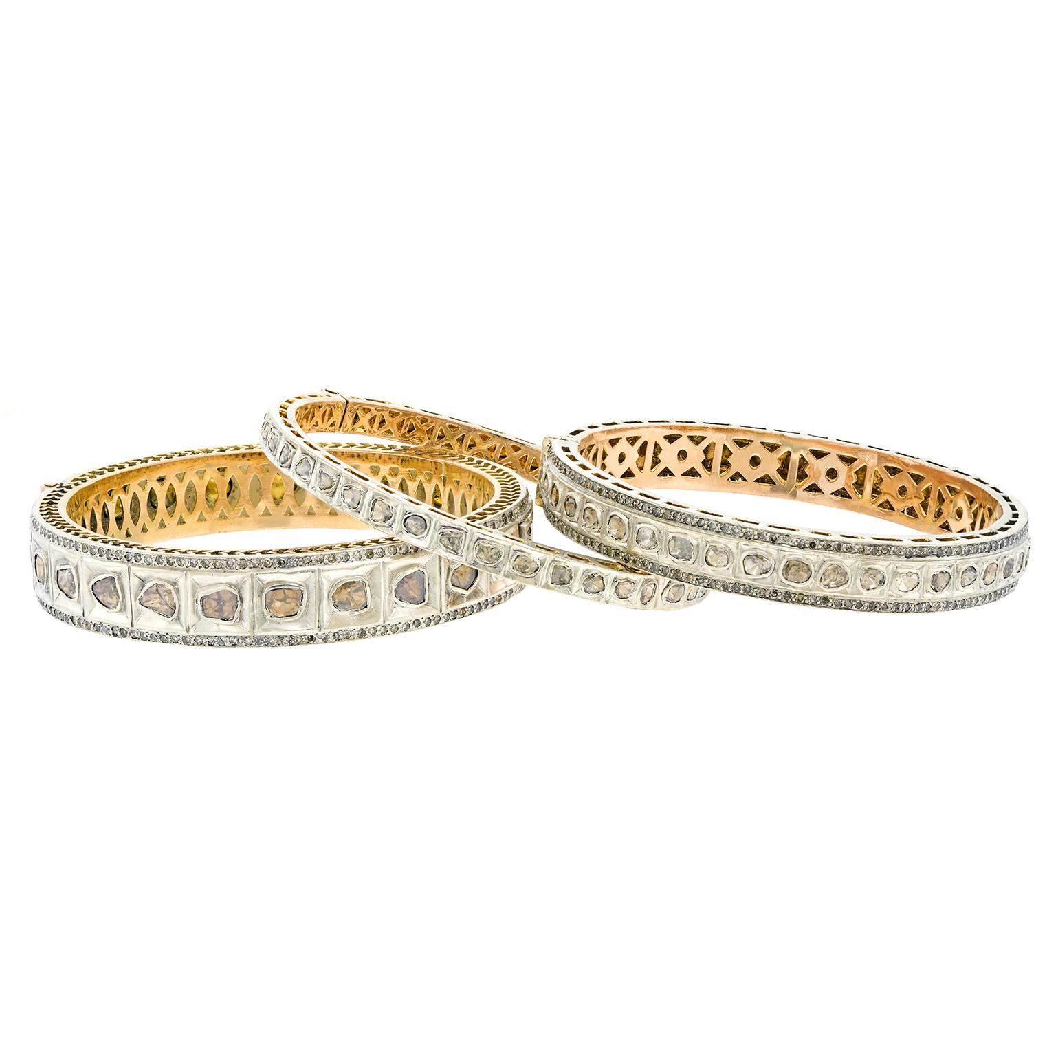 Circa 1960s, 14k with Silver mounts, Mumbai, India. This bracelet is moghul hippie chic at its diamond-set (6 to 8 carats) superb quality best. The look is flower child Bohemian fashion, the original sixties take! Mix it with other bangles, gold or