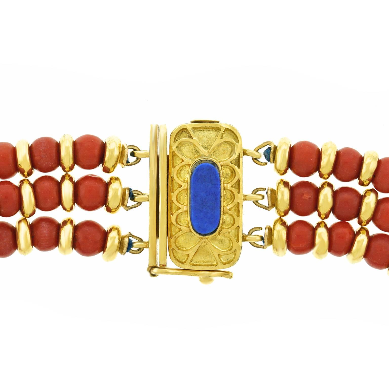 Seventies Lapis, Coral, and Gold Bracelet In Excellent Condition In Litchfield, CT