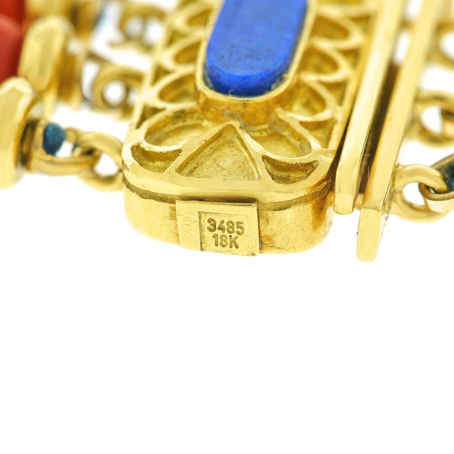 Seventies Lapis, Coral, and Gold Bracelet 1