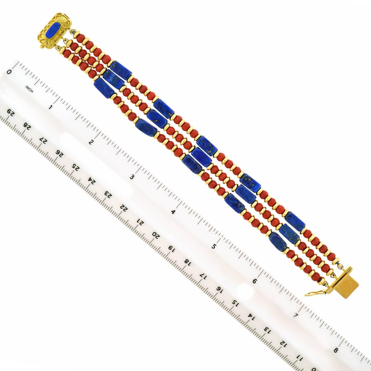 Seventies Lapis, Coral, and Gold Bracelet 2