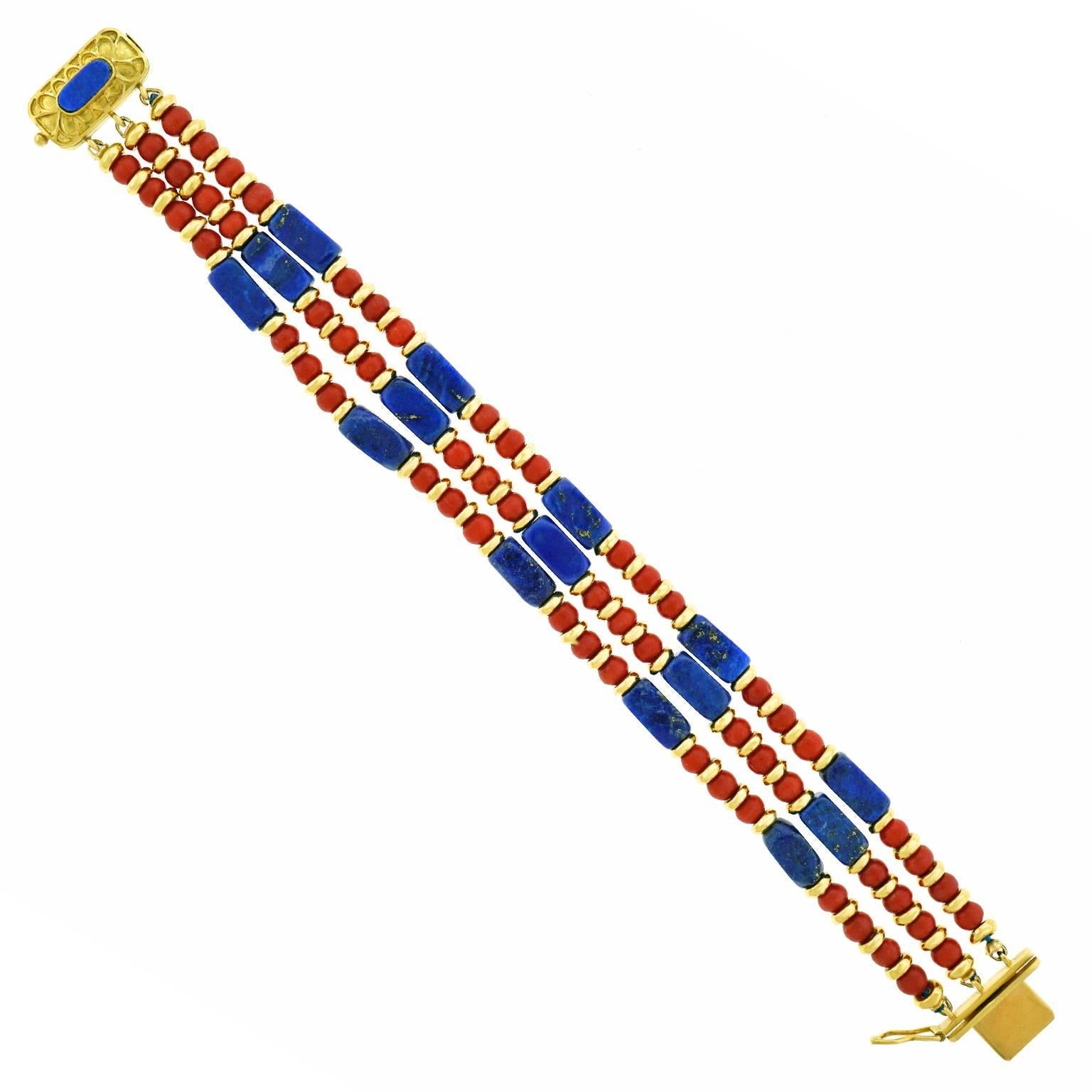 Seventies Lapis, Coral, and Gold Bracelet 3