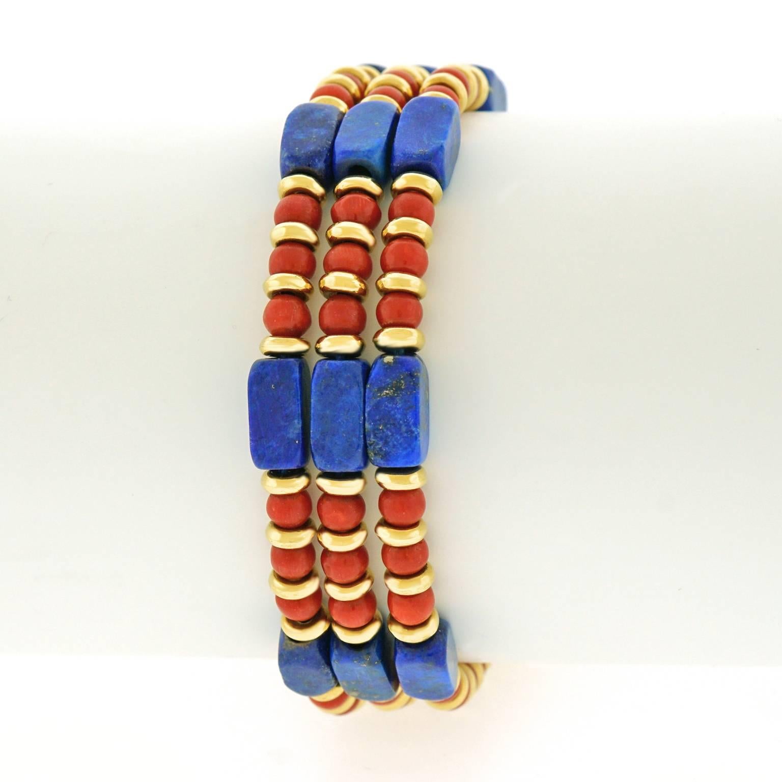 Seventies Lapis, Coral, and Gold Bracelet 4
