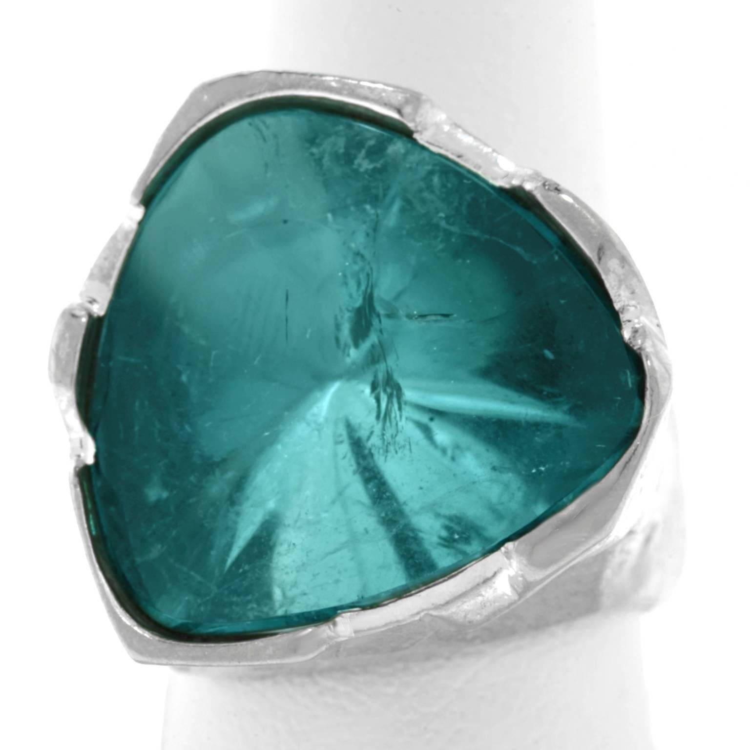 Spectacular Brutalist 30 Carat Blue Tourmaline and White Gold Ring 2