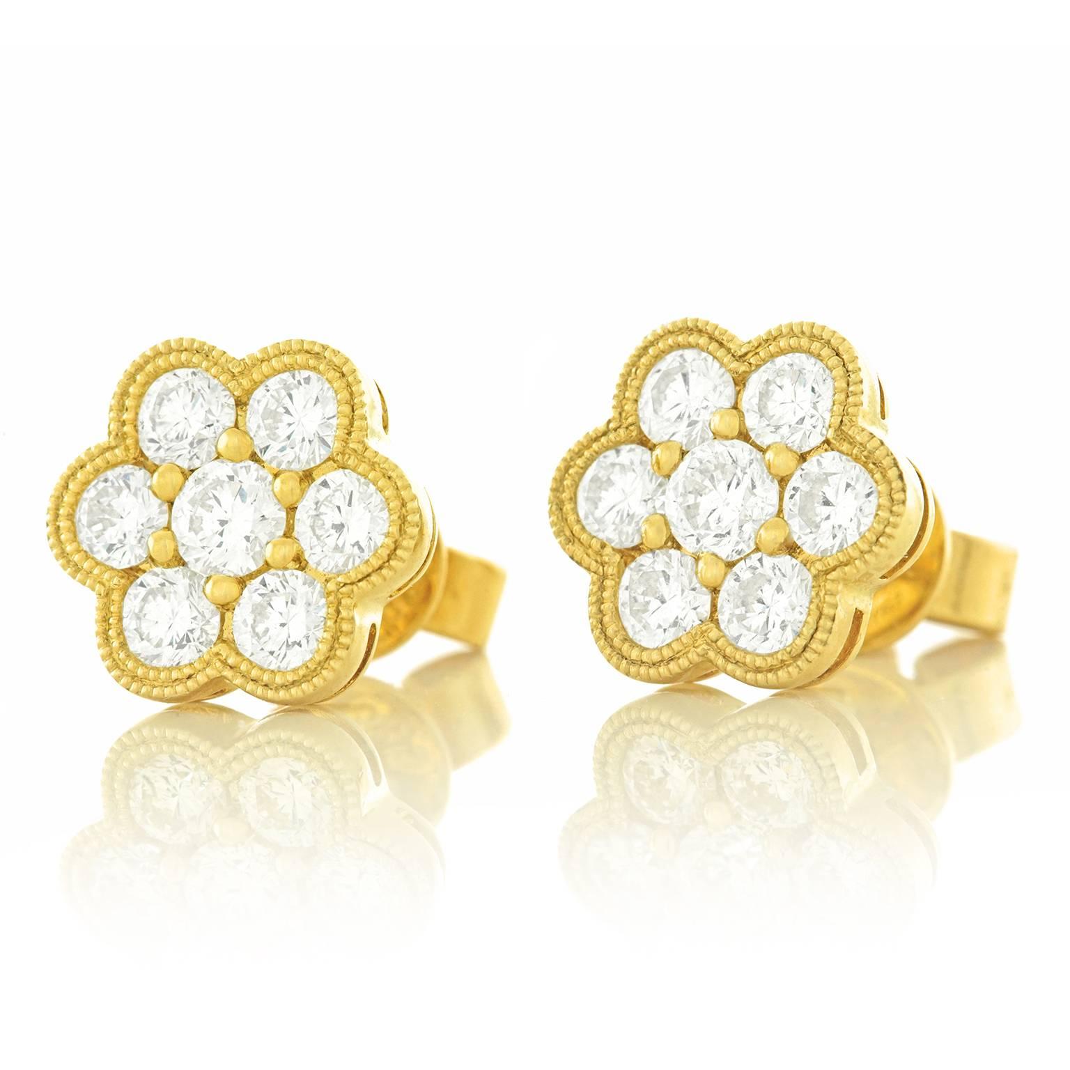 Diamond Fleurette Yellow Gold Earrings In Excellent Condition In Litchfield, CT
