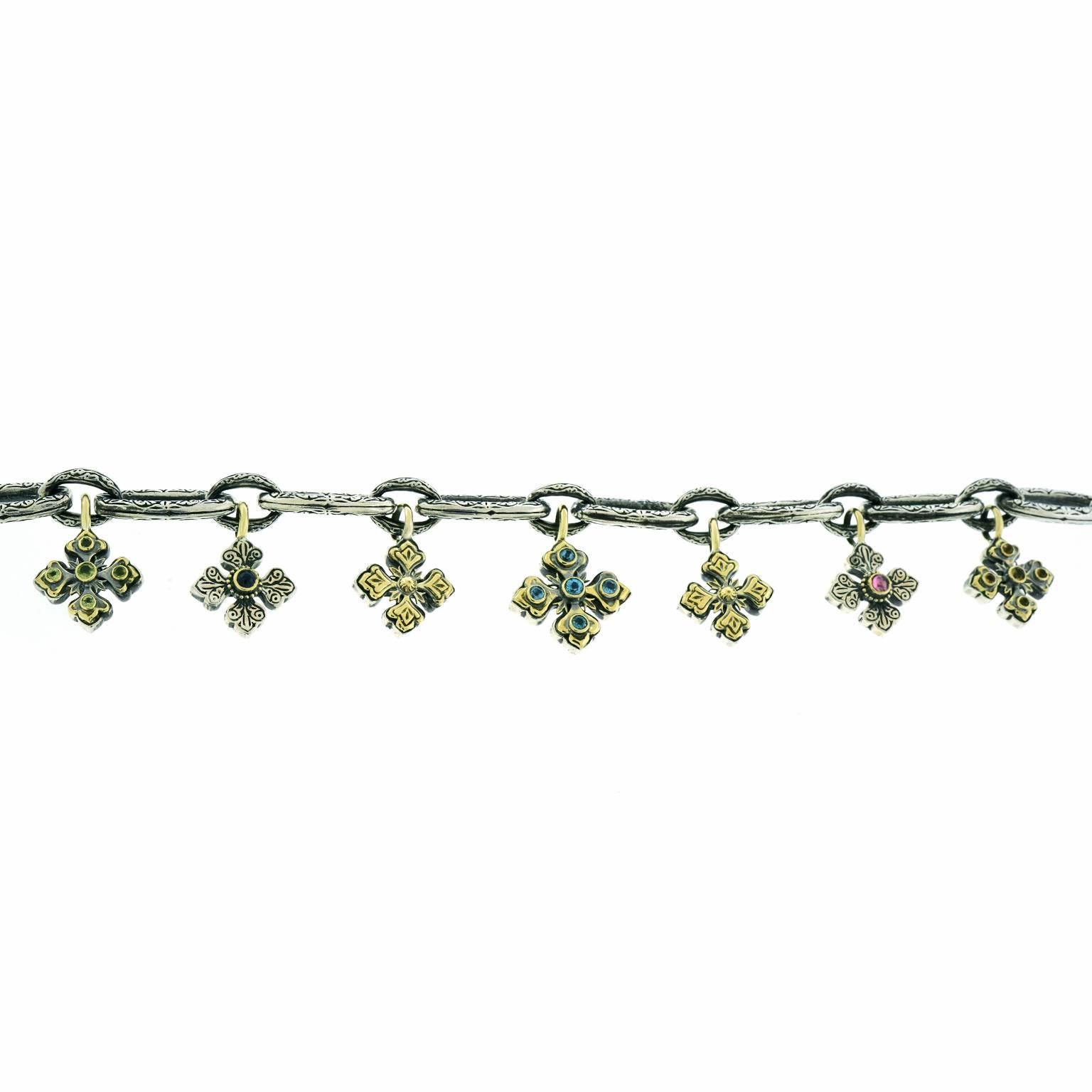 Women's or Men's Konstantino Medieval Cross Sterling Gold Charm Bracelet