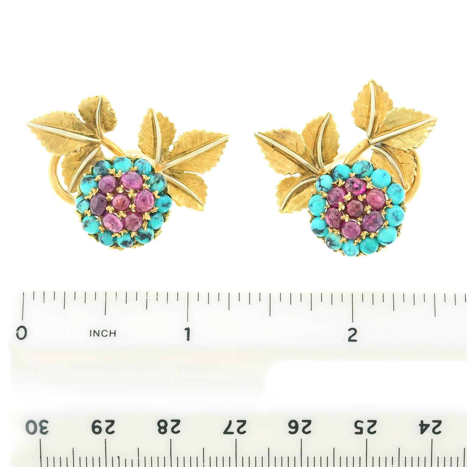 1950s Turquoise Ruby Gold Earrings 2