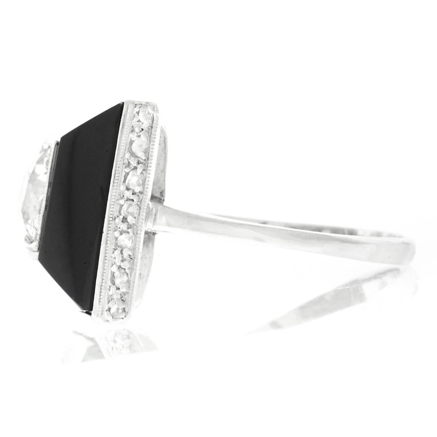 Art Deco Diamond and Onyx Set White Gold Ring In Excellent Condition In Litchfield, CT
