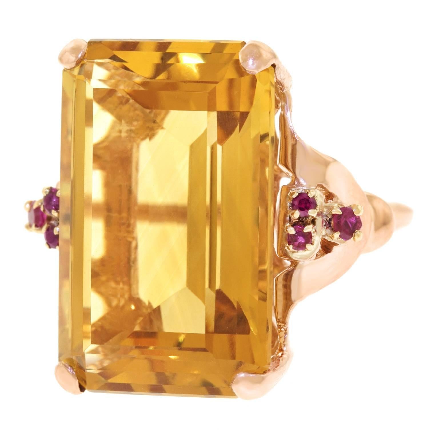 Retro Citrine and Ruby Set Gold Ring In Excellent Condition In Litchfield, CT