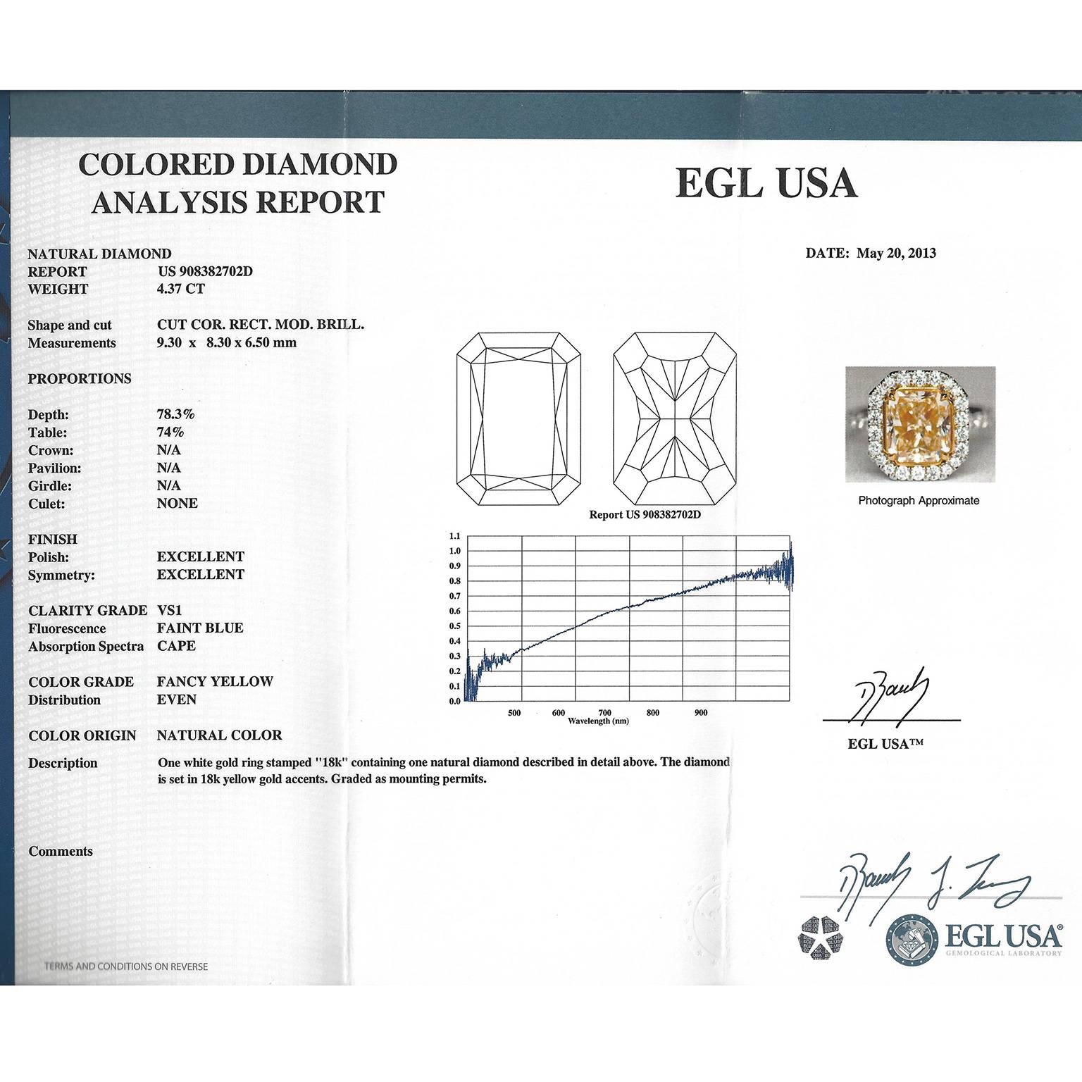 4.37 Carat Fancy Yellow Diamond Ring EGL Report 5