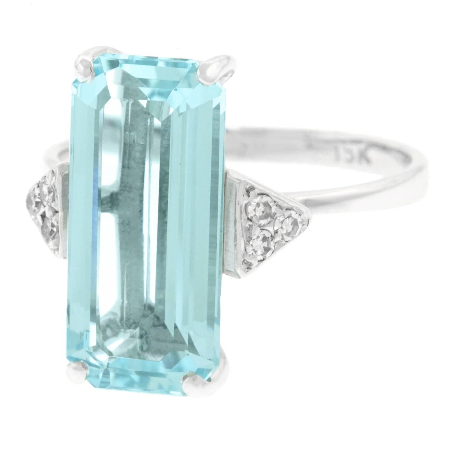Art Deco Aquamarine Diamond Gold Ring In Excellent Condition In Litchfield, CT