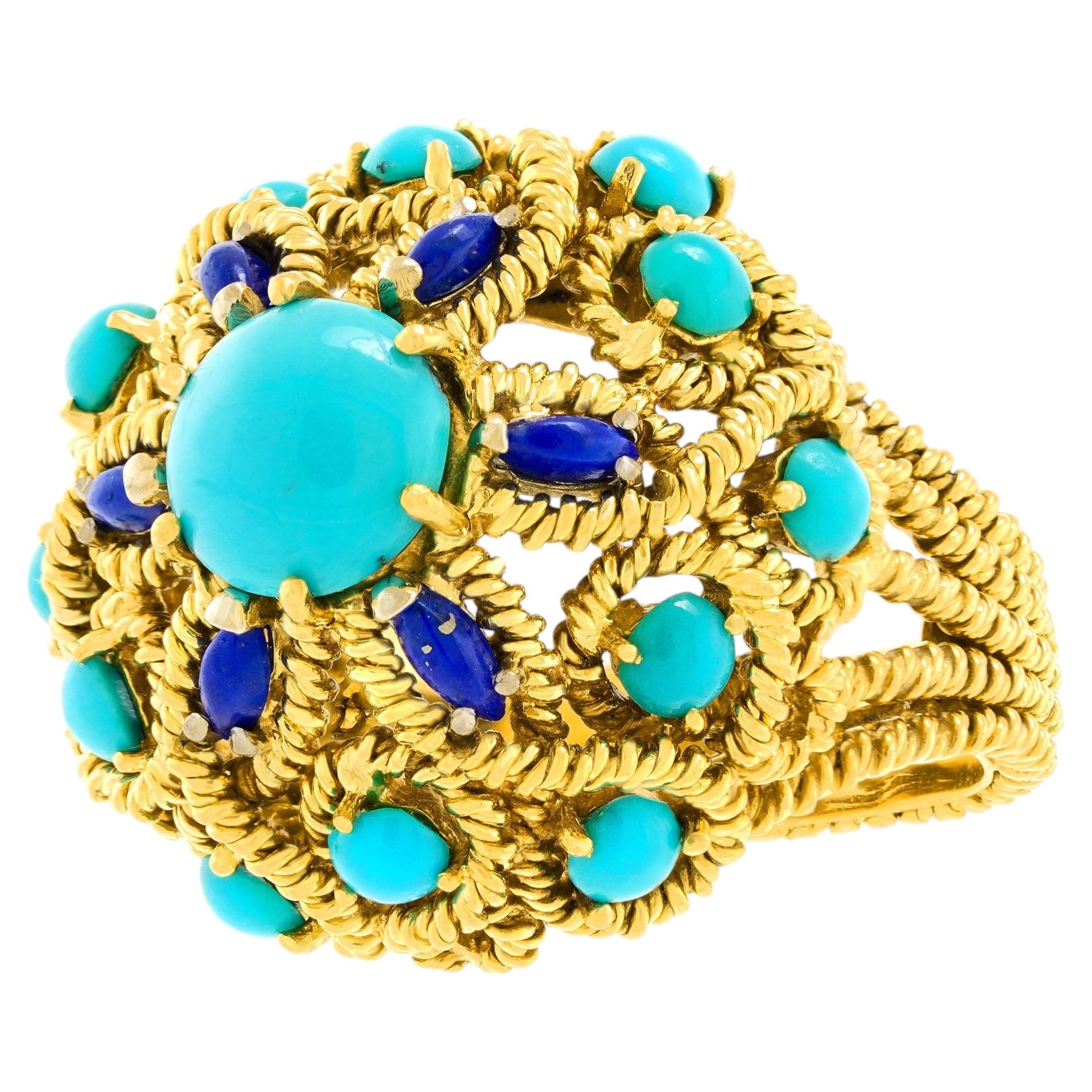 Sixties Chic Persian Turquoise and Lapis Ring For Sale