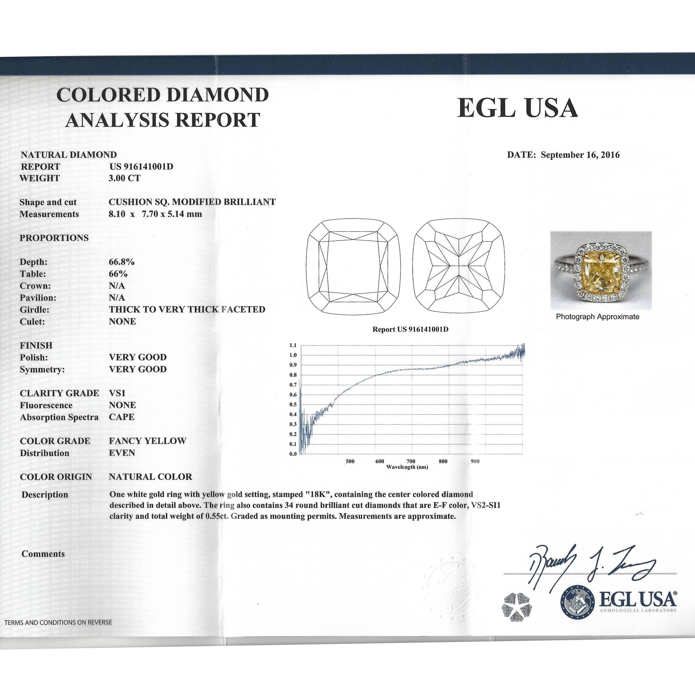 3.0 Carat Fancy Yellow Diamond Gold Ring EGL Lab Report 4