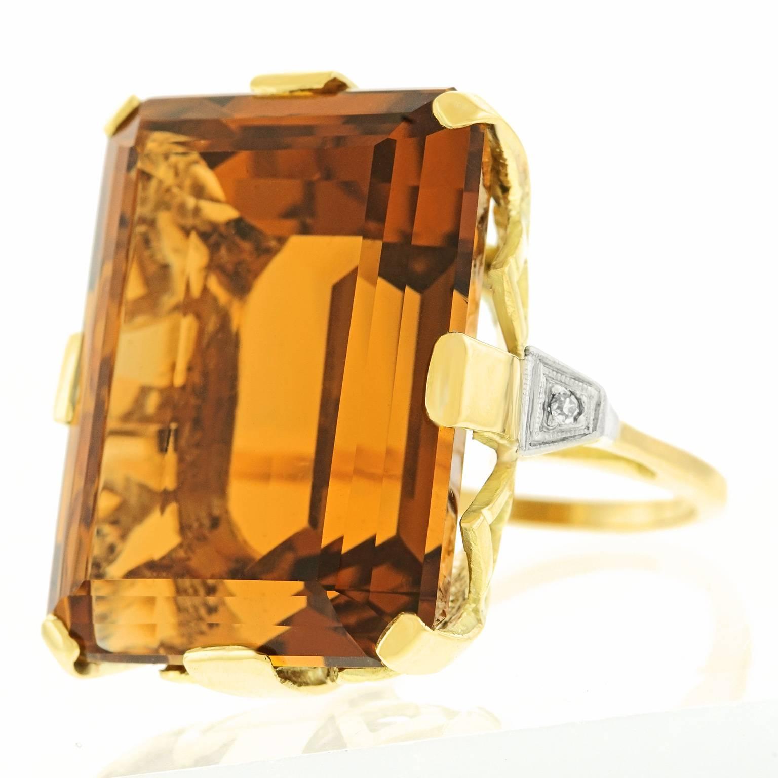 Fabulous 50 Carat Citrine and Diamond Retro Gold Ring In Excellent Condition In Litchfield, CT