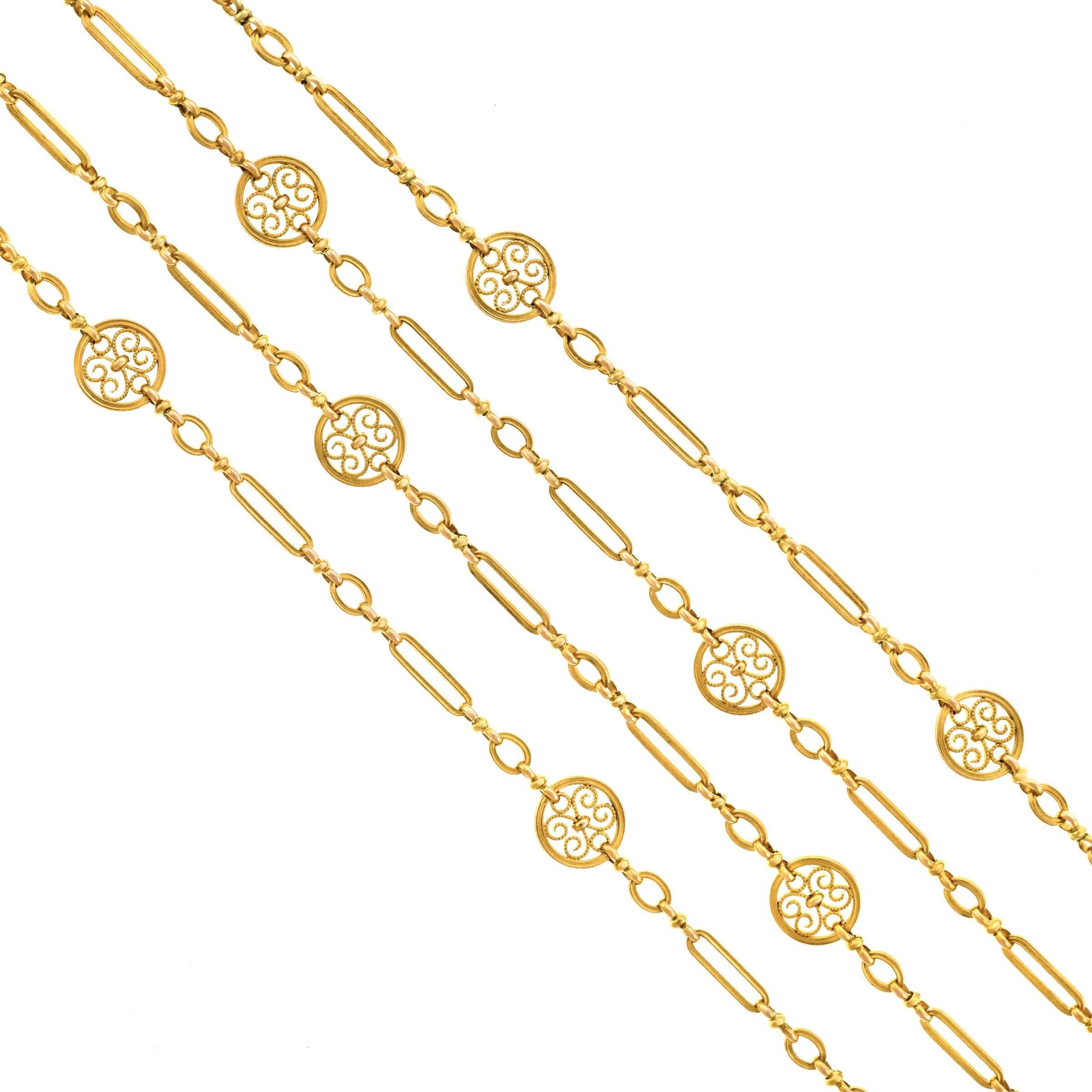 Women's or Men's Antique French 44-Inch Gold Filigree Necklace