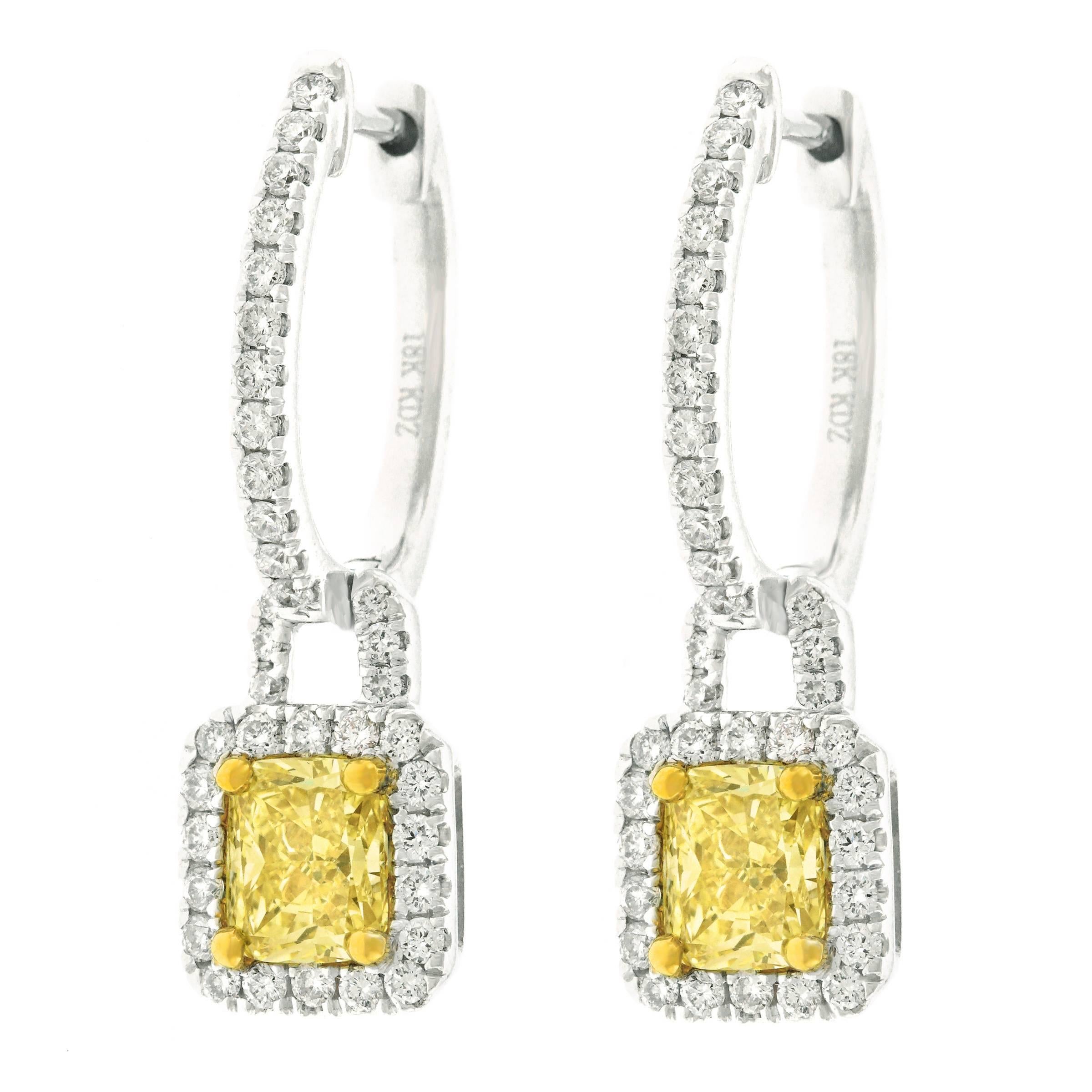 Fancy Yellow and White Diamond Set Gold Earrings In Excellent Condition In Litchfield, CT