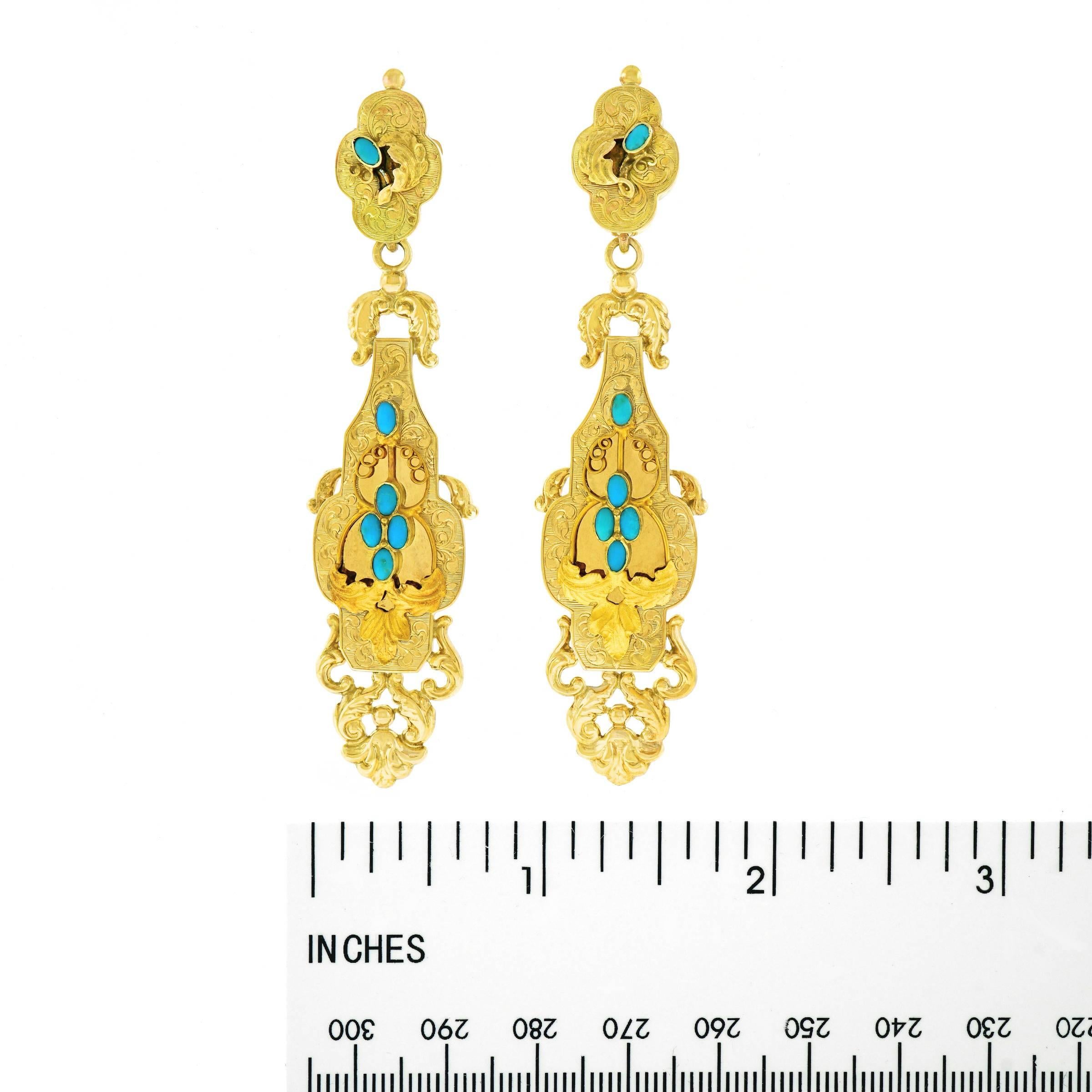 Women's Antique Turquoise set Gold 3 inch long Chandelier Earrings 