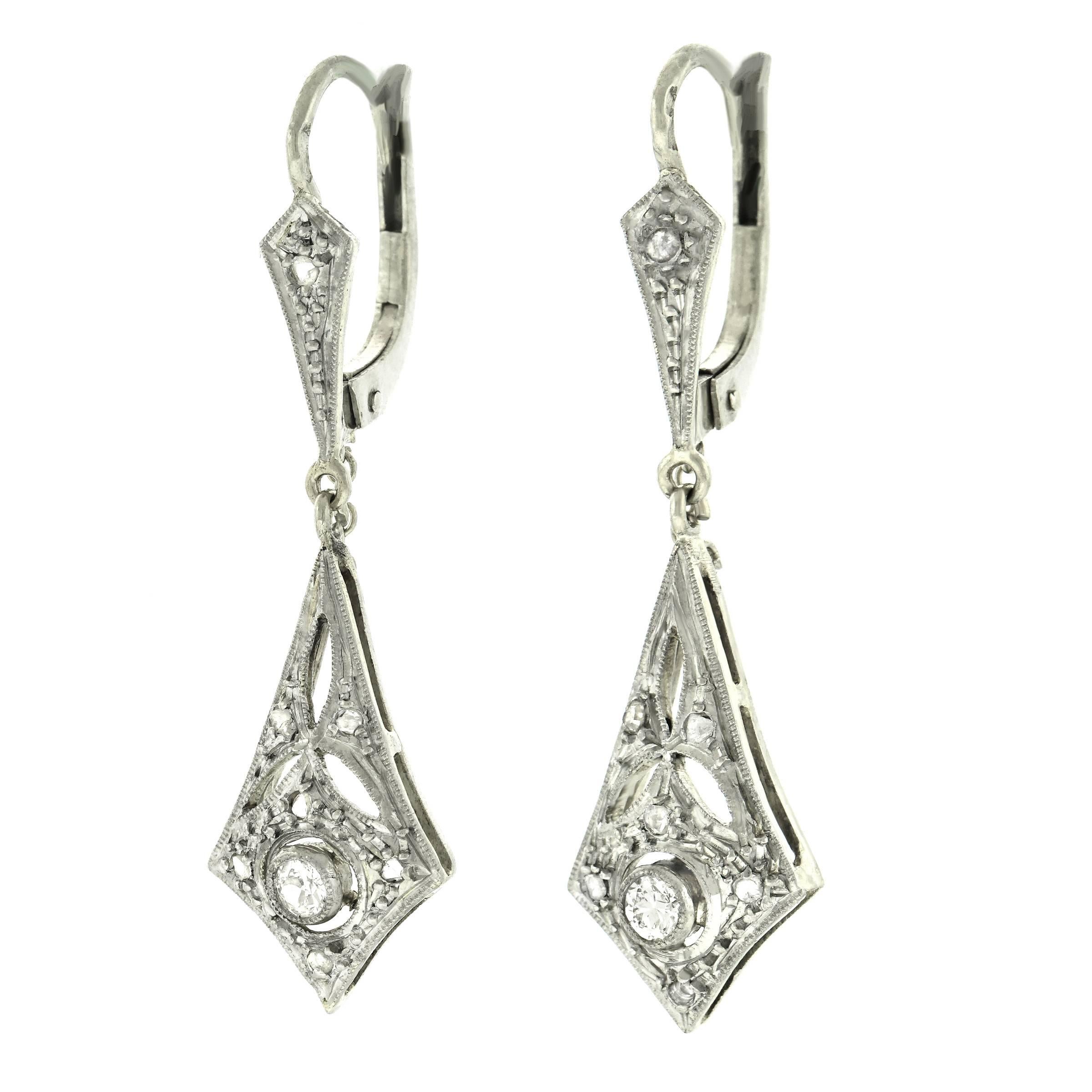 French Art Deco Diamond Set Gold Drop Earrings In Excellent Condition In Litchfield, CT