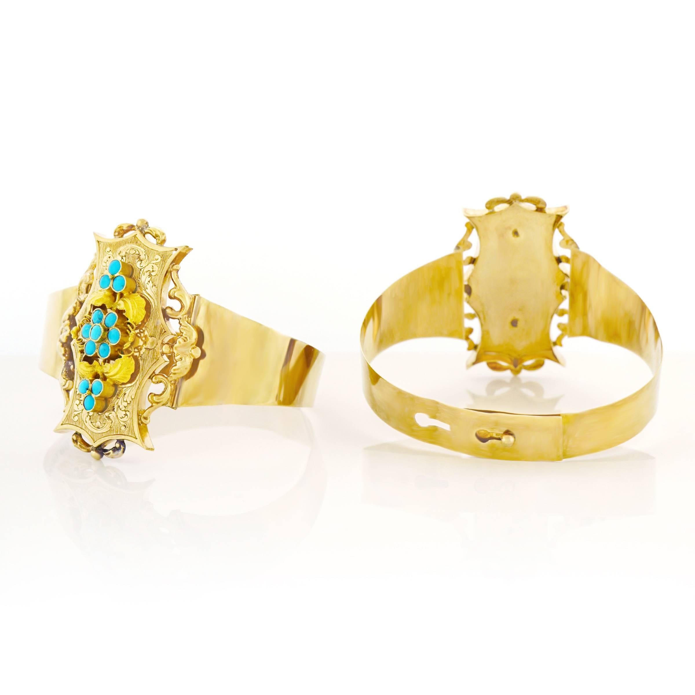 Pair of Antique Turquoise-Set Gold Bracelets 4