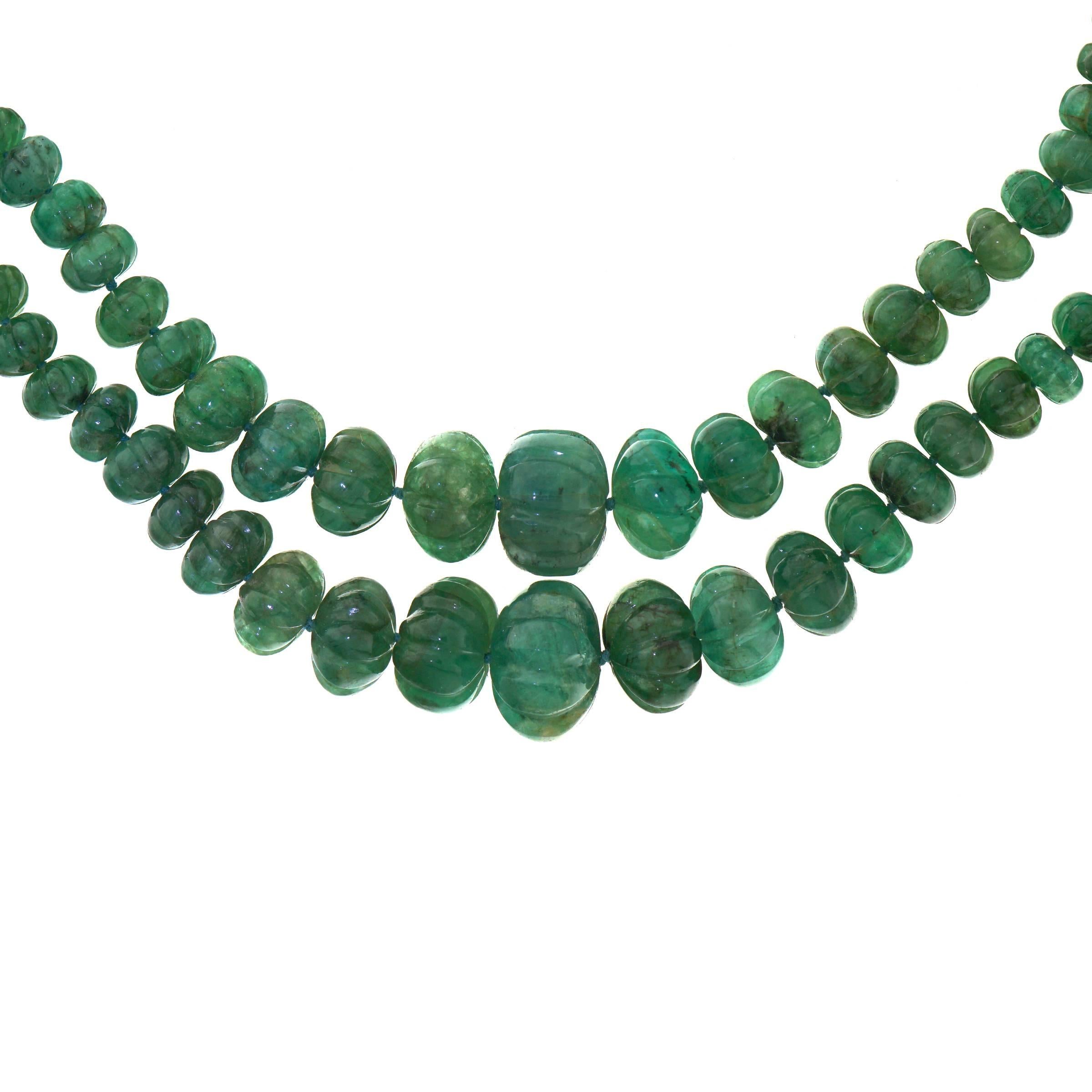 Double-Strand Emerald Necklace with Antique Gold Catch In Excellent Condition In Litchfield, CT