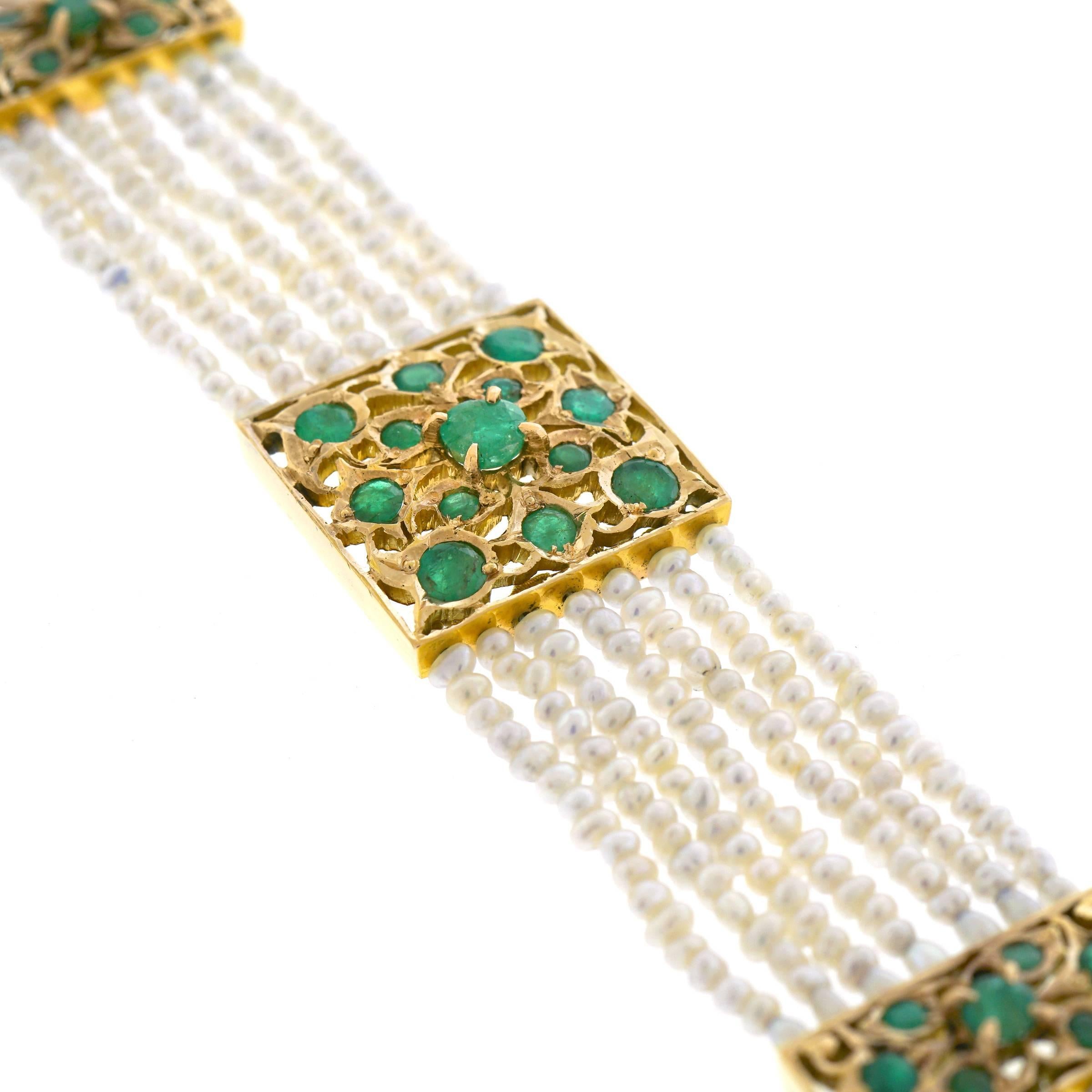 Women's or Men's Mogul Emerald and Pearl Gold Bracelet