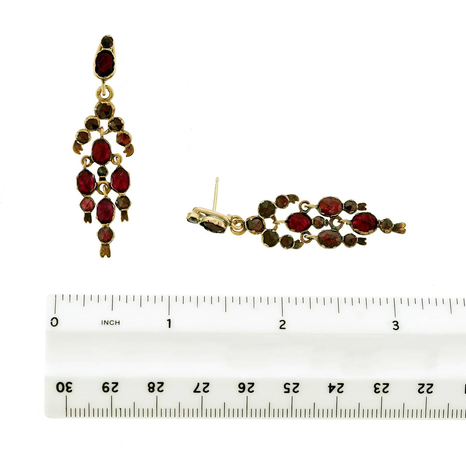 Gorgeous 19th Century French Garnet Gold Chandelier Earrings 2