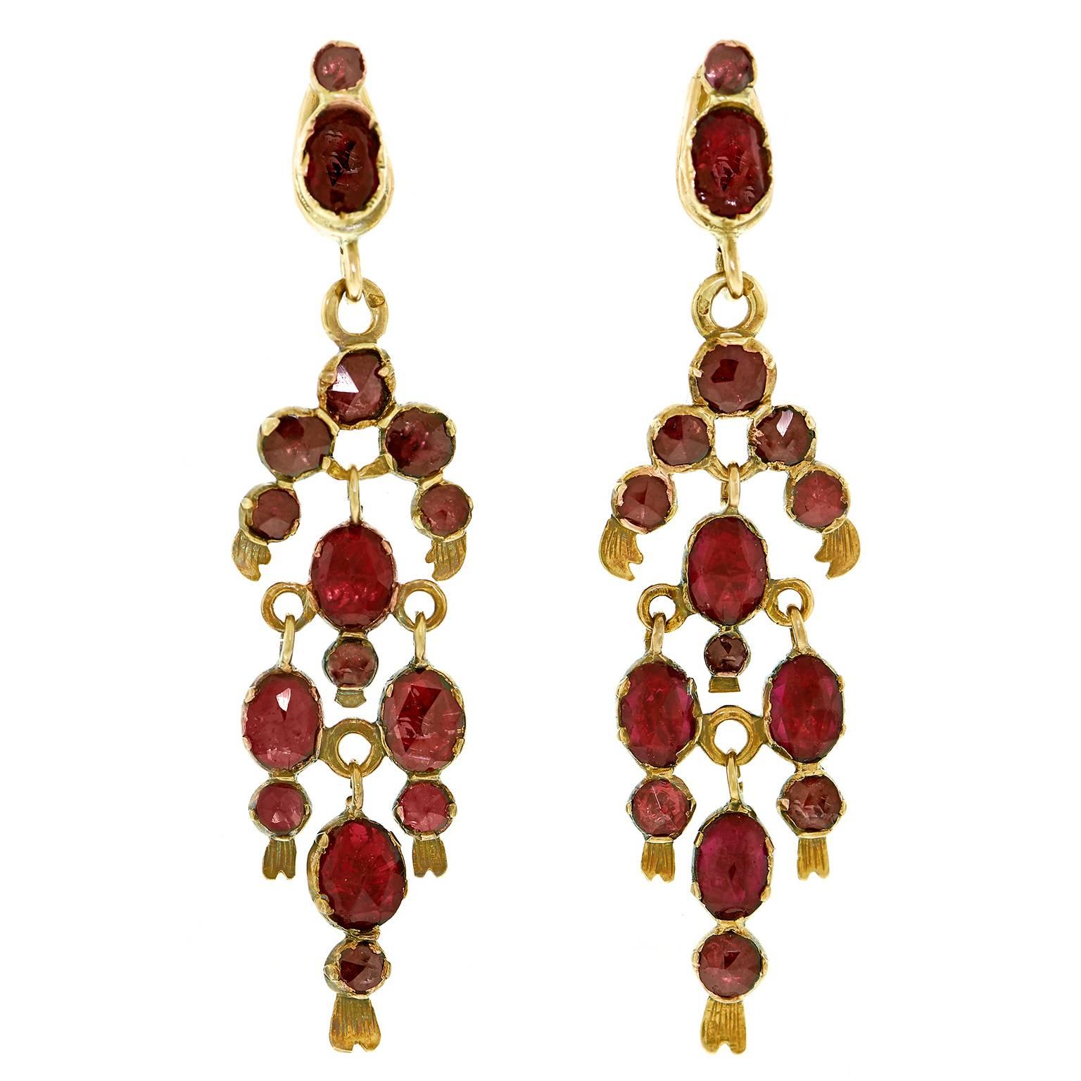 Gorgeous 19th Century French Garnet Gold Chandelier Earrings