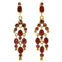 Antique Gorgeous 19th Century French Garnet Gold Chandelier Earrings