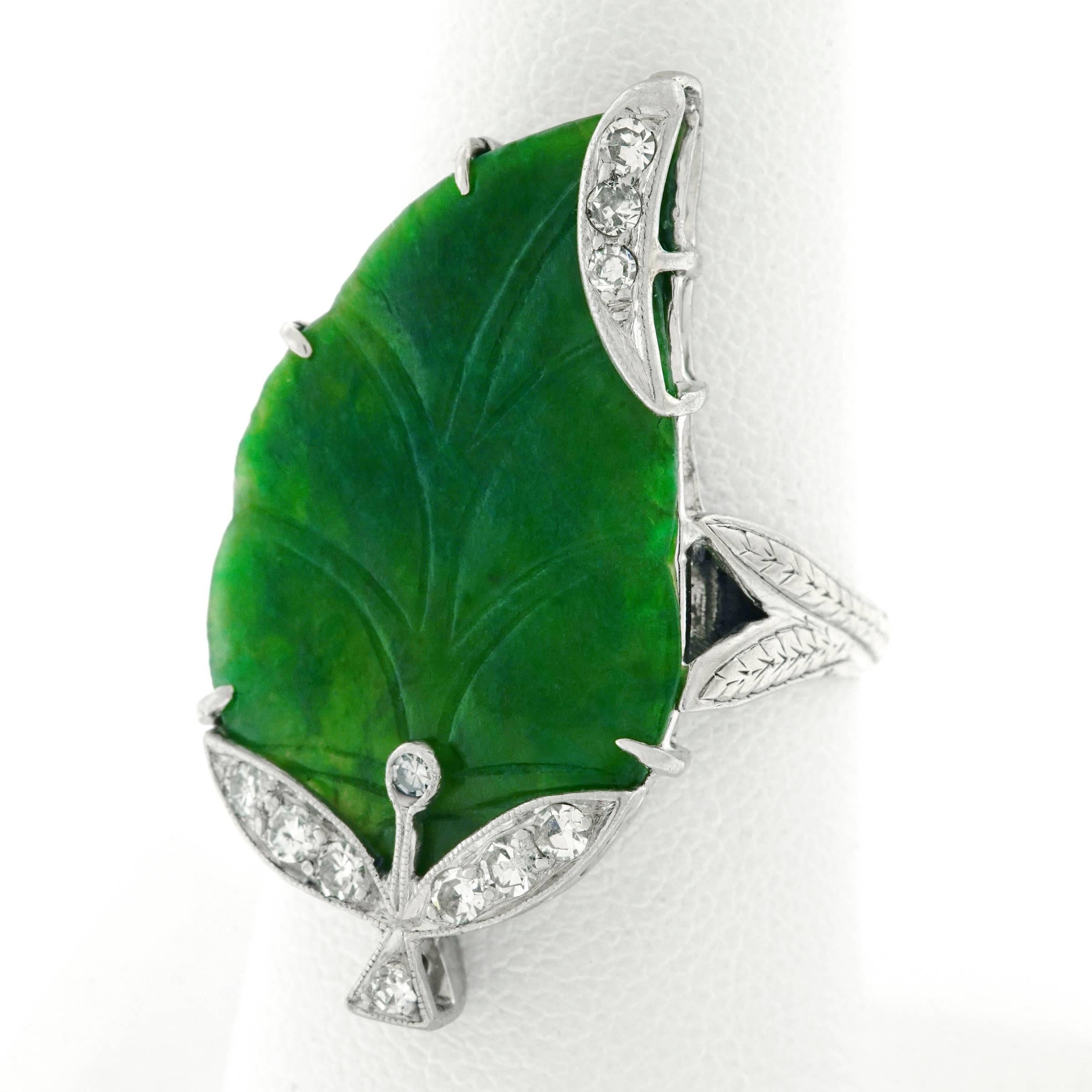 Art Deco Natural Jade and Diamond Leaf Motif Gold Ring 1