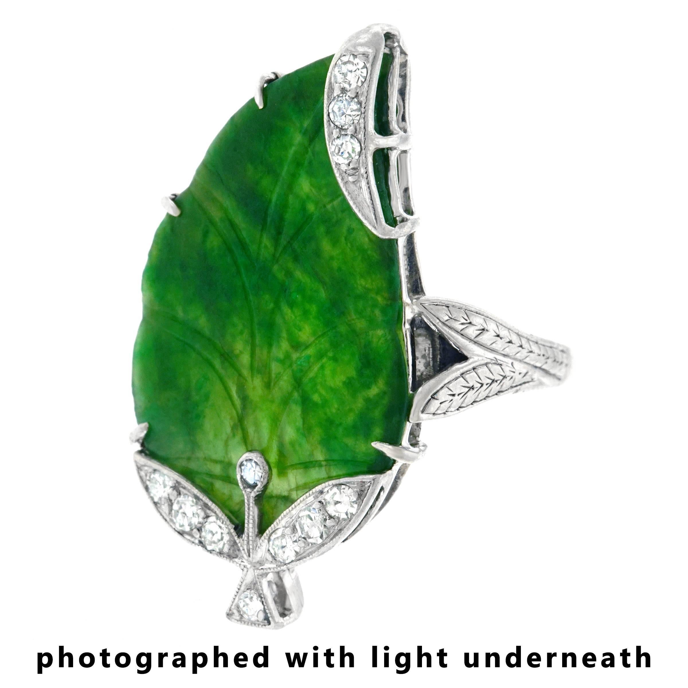 Art Deco Natural Jade and Diamond Leaf Motif Gold Ring 4