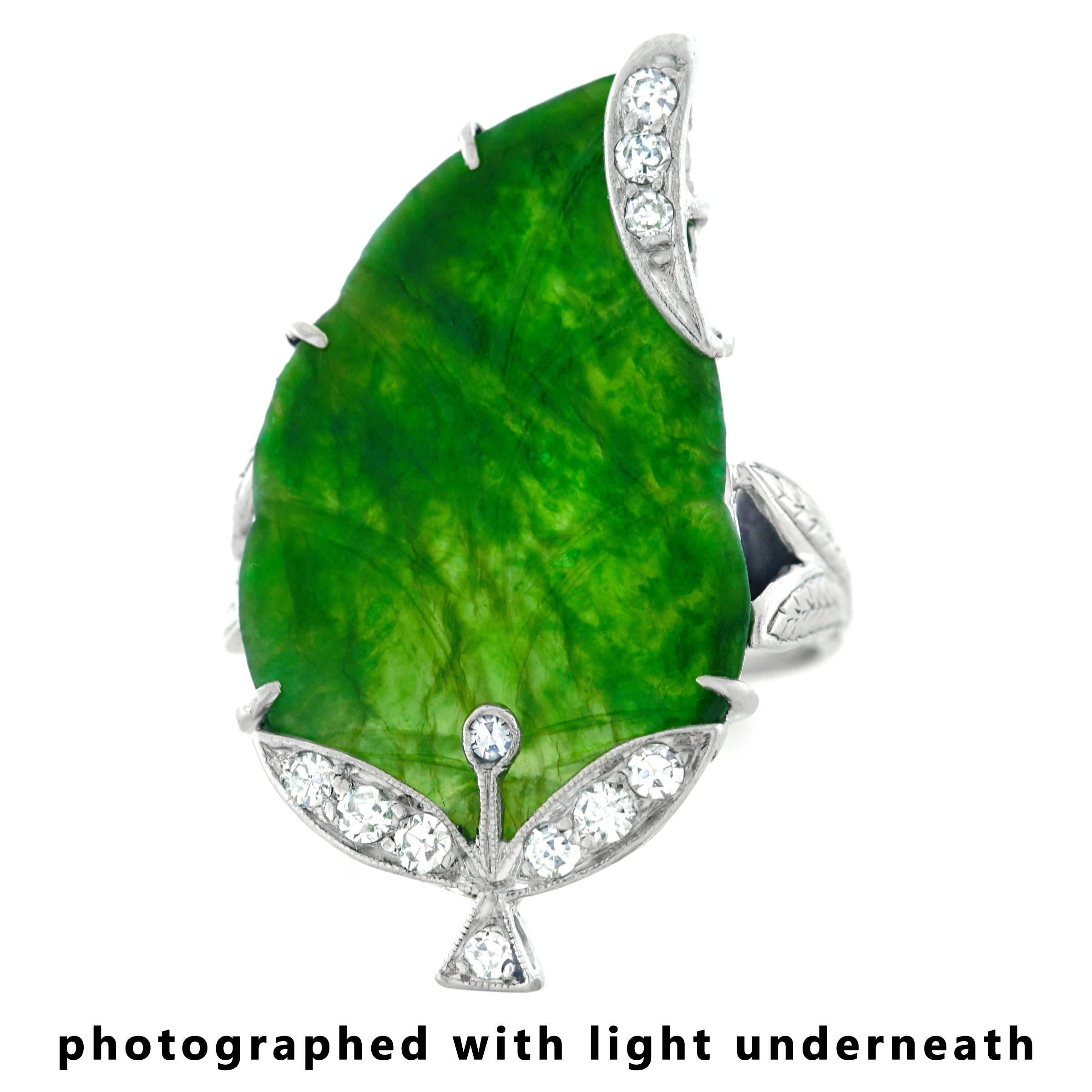 Art Deco Natural Jade and Diamond Leaf Motif Gold Ring 5
