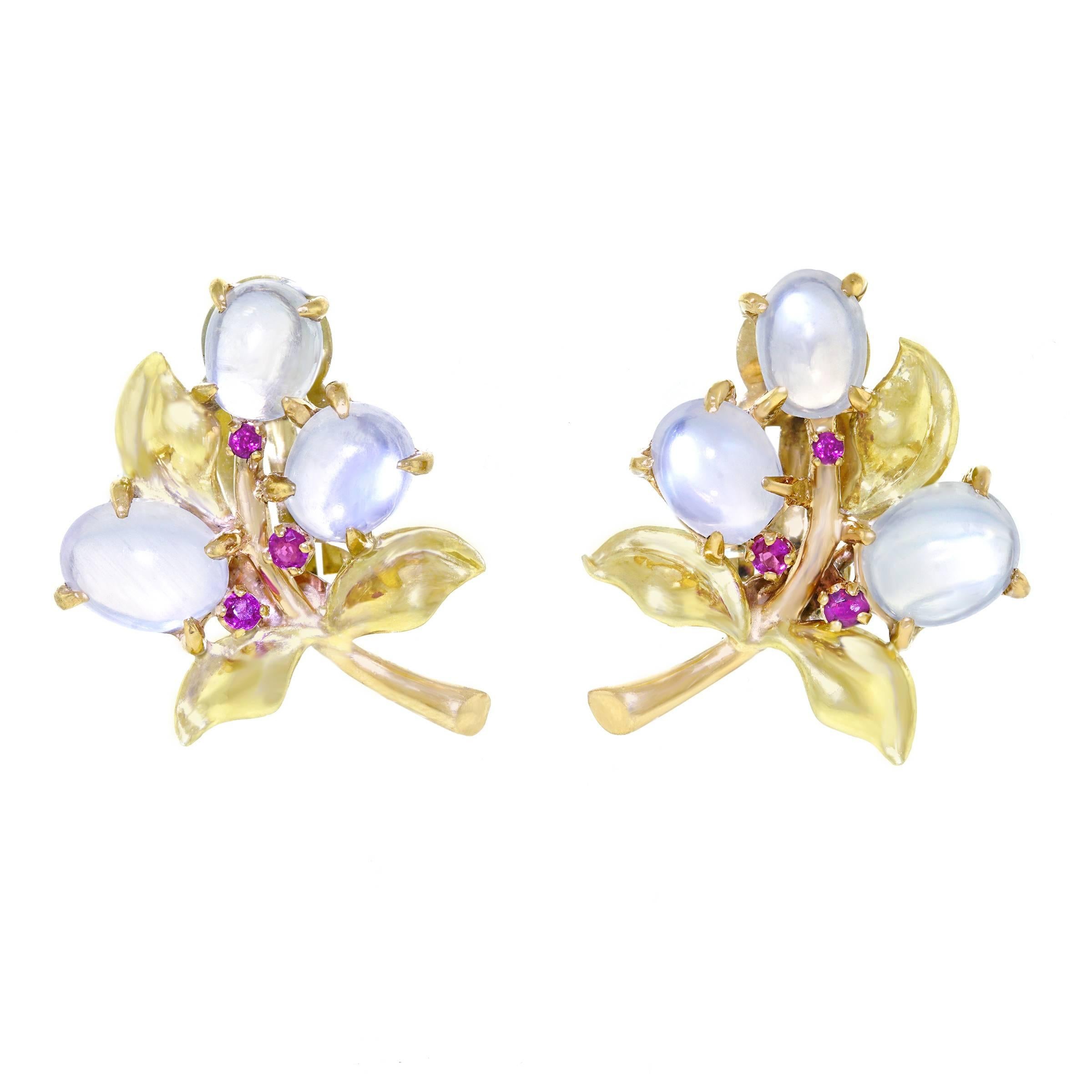 Retro 1950s Moonstone and Ruby Gold Earrings