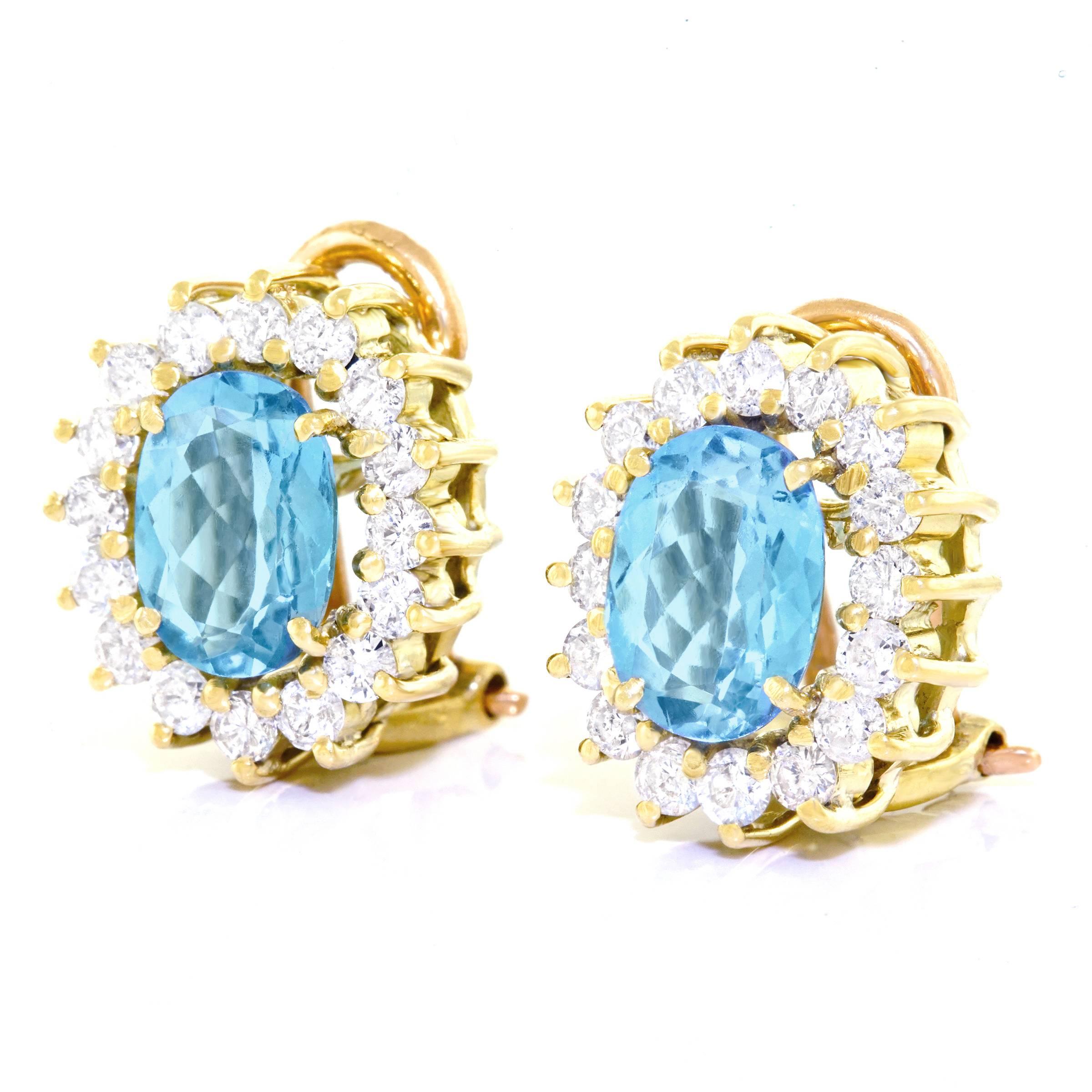 Aquamarine and Diamond-Set Gold Earrings In Excellent Condition In Litchfield, CT