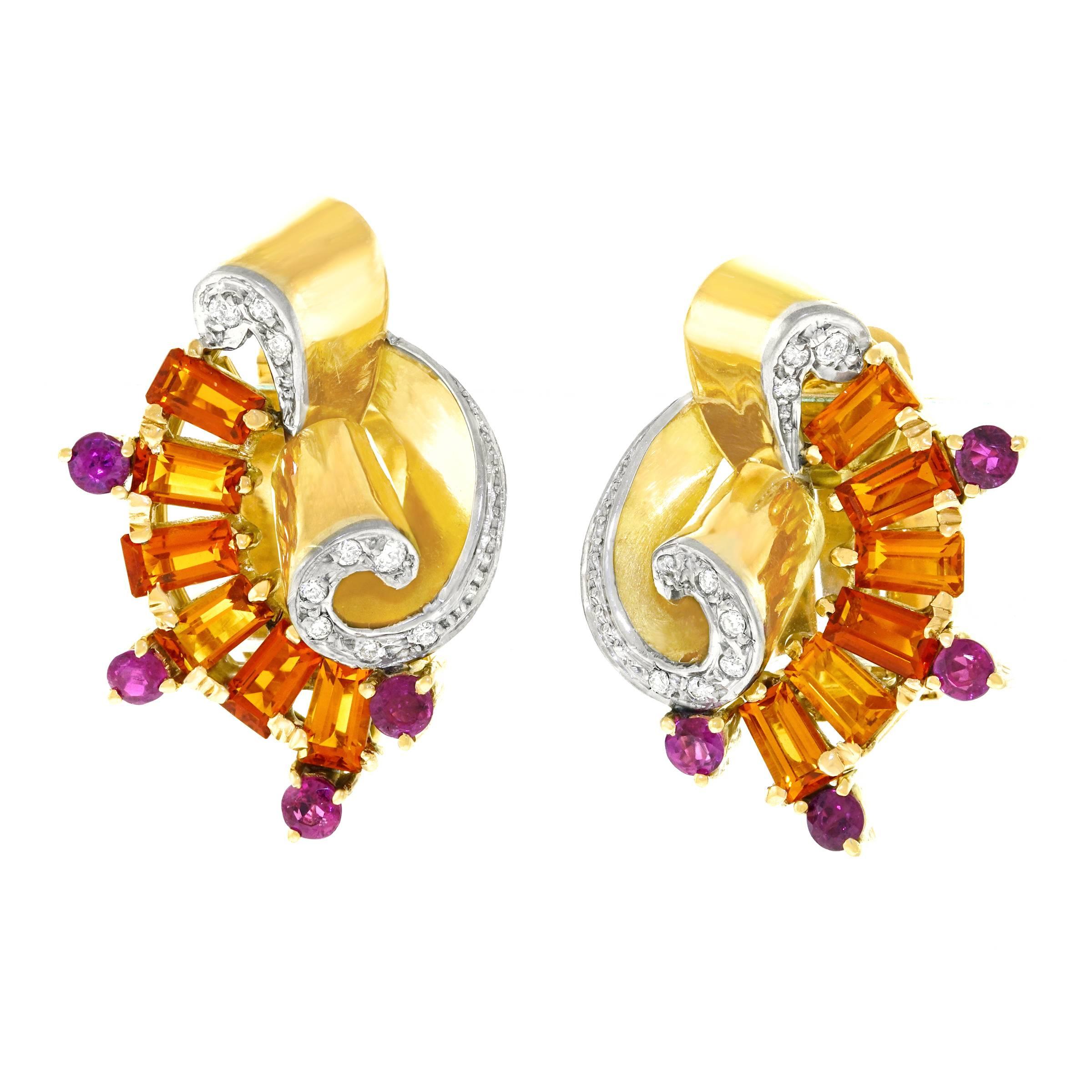 Retro 1940s Citrine, Ruby and Diamond Set Gold Earrings In Excellent Condition In Litchfield, CT
