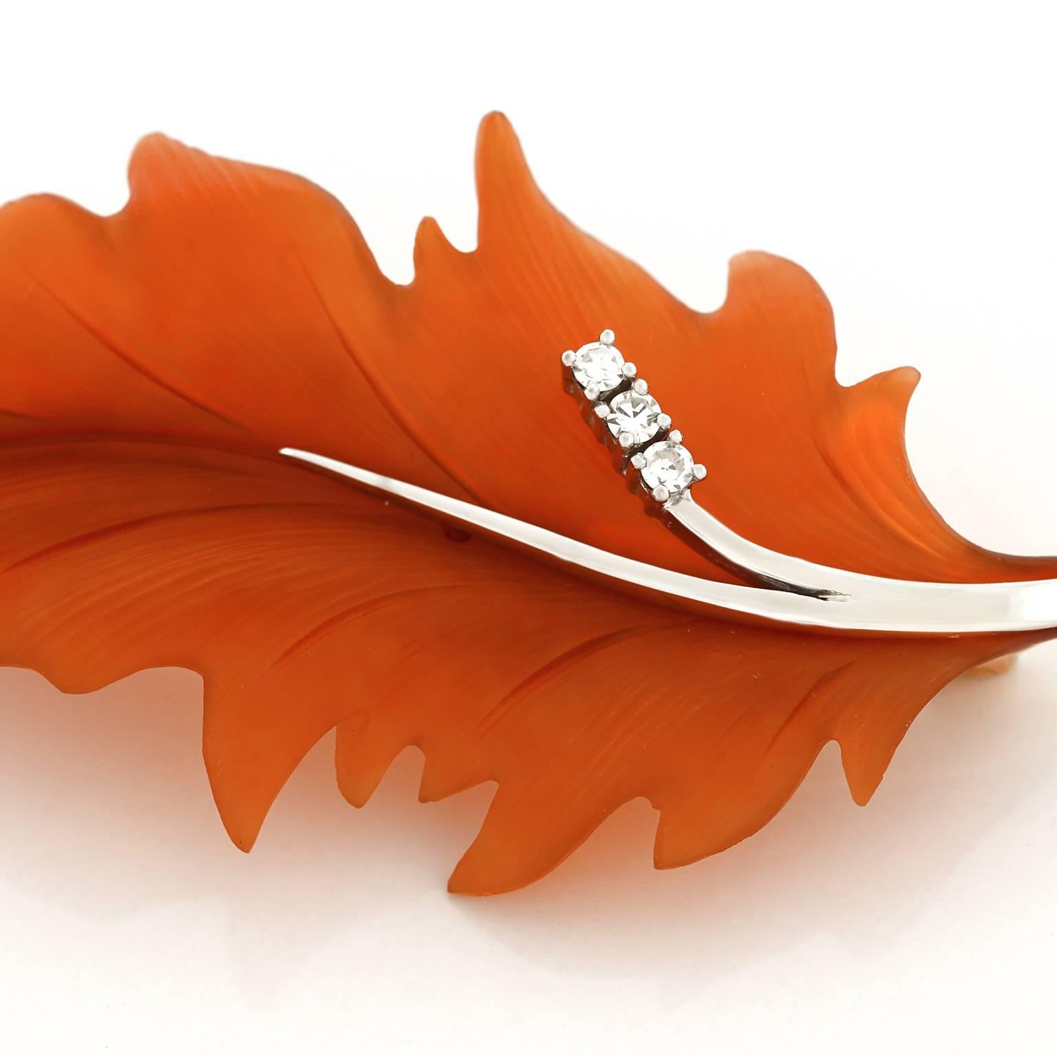 Carnelian Leaf Brooch Set with Diamonds in Gold 3