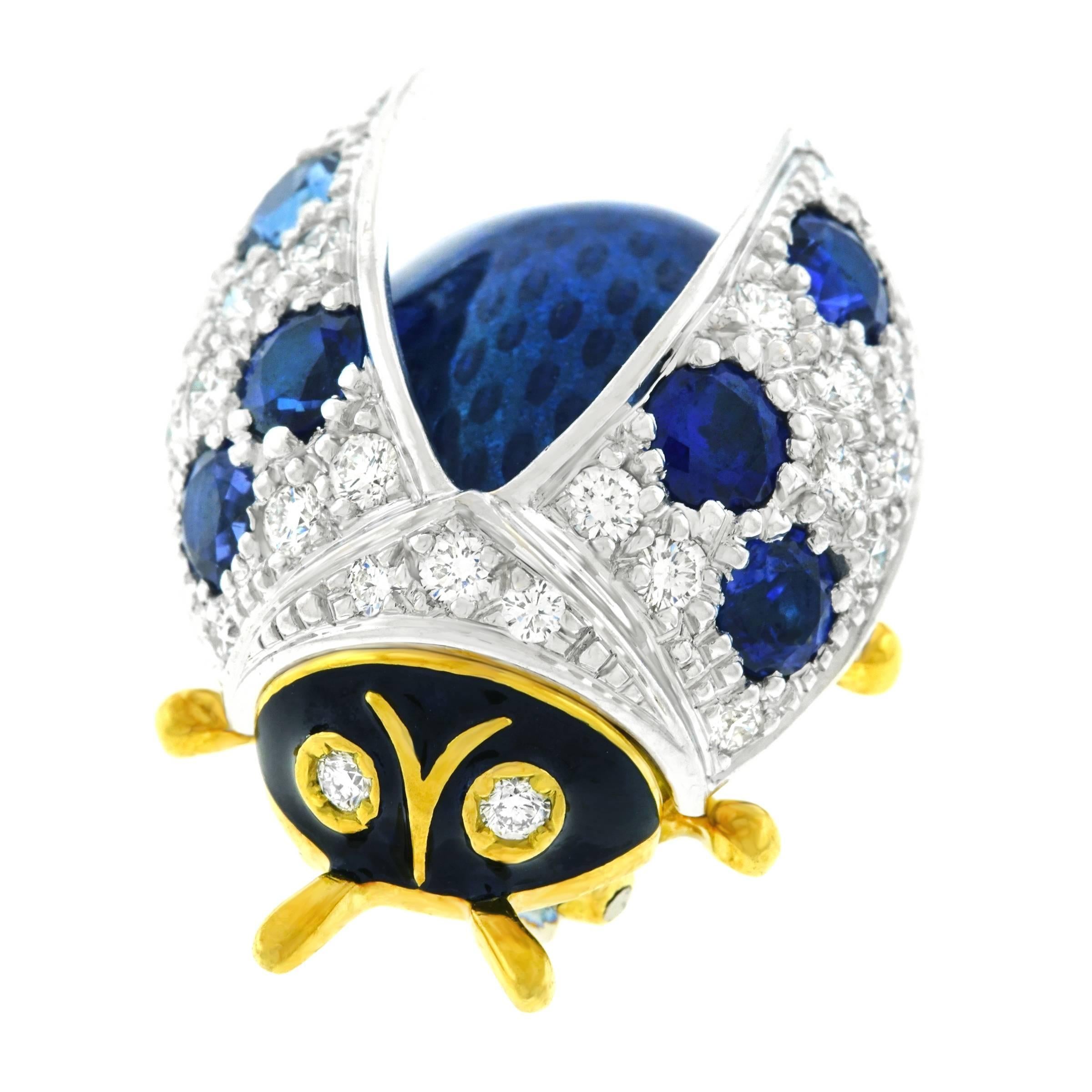 Meister Sapphire, Diamond, and Enamel Lady Bug Brooch in Gold In Excellent Condition In Litchfield, CT